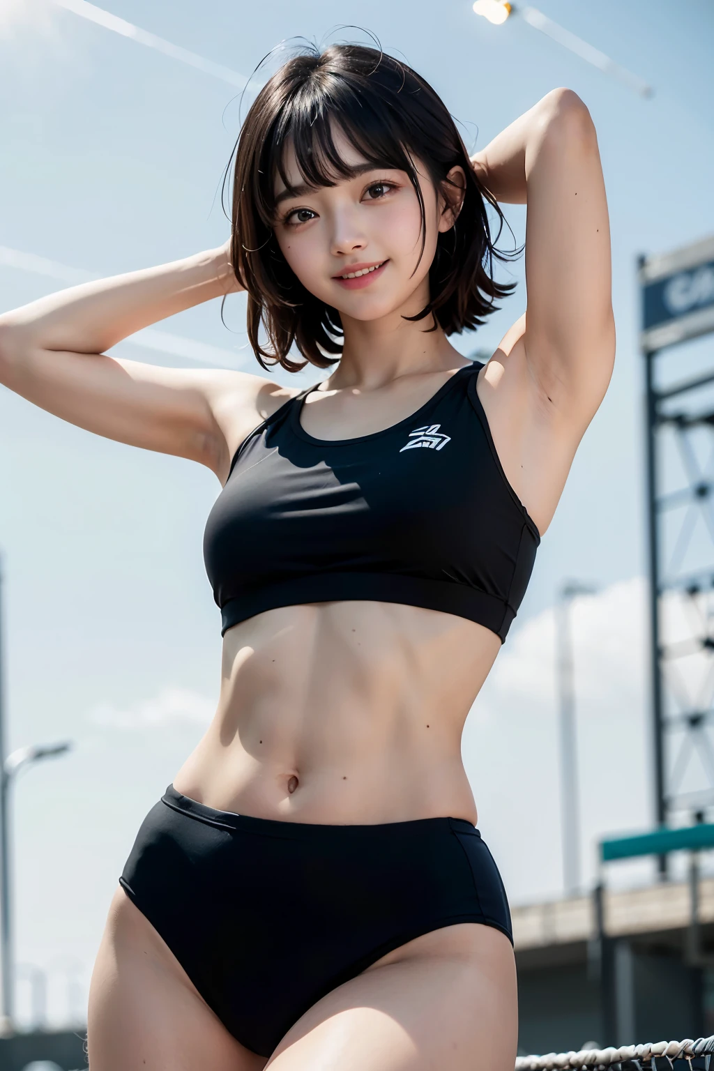 (show your armpits:1.4), (put your hands behind your head:1.2),15 year old girl、cowboy shot、(thighs, from below:1.3), smile、Brighten your face、big breasts、むちむちなthighs、Plump breasts、S-shaped pose、(bright red track uniform, sportswear, sports bra, sport bikini:1.3)、rikujou, athletics stadium, hanikami、smile、shortcut, (background bokeh:1.2)、(highest quality:1.0), (realistic:1.0), (8K, RAW photo:1.1), (8k非常にbecome familiar withなCGユニットの壁紙), (highest quality), (best illustrations), (best shadow), (become familiar with: 1.4), 3D, HDR (high dynamic range), ray tracing, NVIDIA RTX, super resolution, scattered below the surface, PBR texture, Post-processing, anisotropic filtering, Depth of written boundary, maximum sharpness and acutance, multilayer texture, Albedo and highlight mapping, surface shading, Accurate simulation of light-matter interactions, perfect proportions, octane rendering, 超realistic、Photographed with Canon EOS R5、50mm lens、f / 2.8