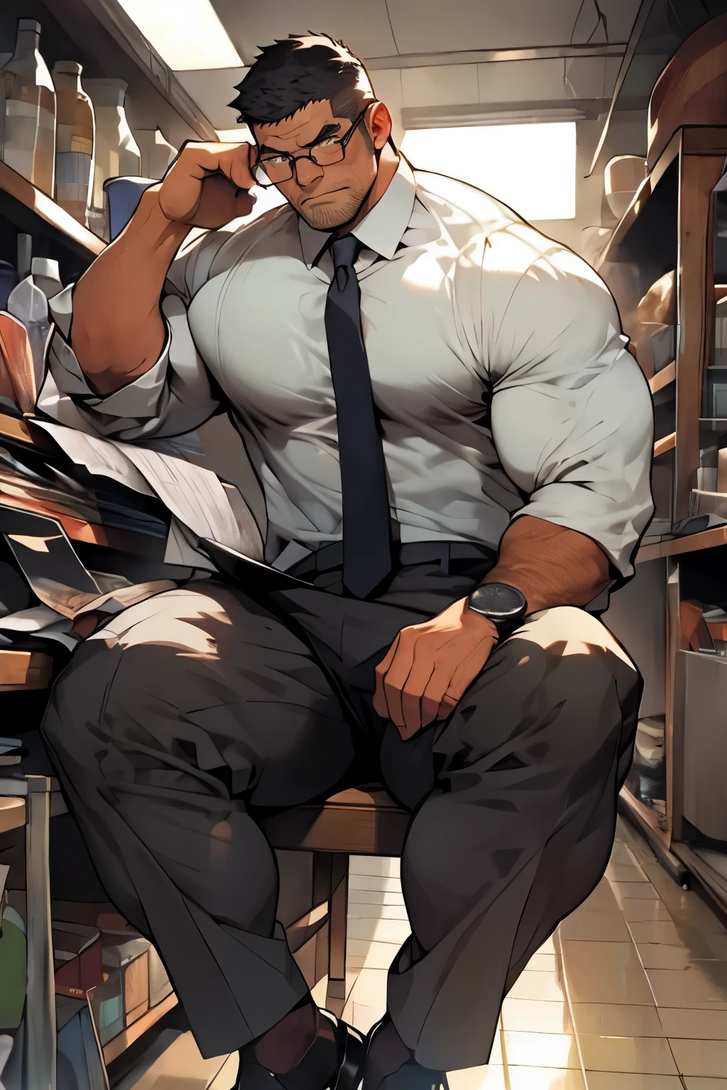  1boy, solo, muscular, muscular male, glasses, manly, facial hair, necktie, shirt, pectorals, mature male, thick arms, large pectorals, short hair, pants, sitting, collared shirt, black hair, thick thighs