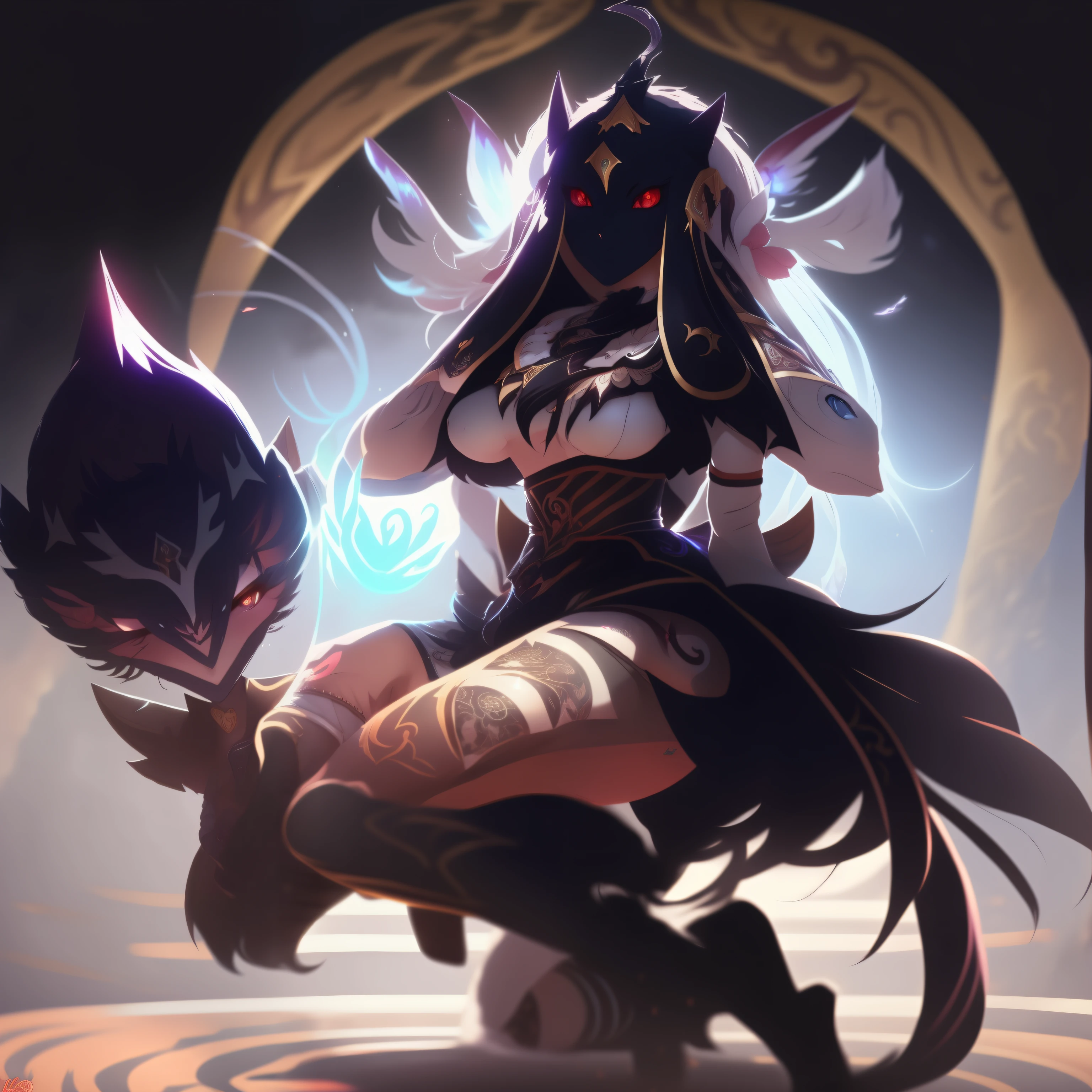 anime - style image of a woman dressed in a black outfit and head with horns, Ahri, samira da liga das lendas, Estilo de arte de League of Legends, arte antropo, do feiticeiro antropo leopardo, Arte estilo League of Legends, Akali, da liga das lendas, mago raposa negra, arte detalhada de onmyoji, irelia, retrato de Ahri