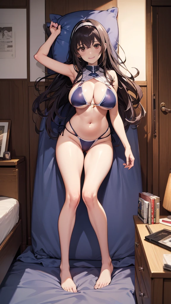 1 girl, the best, masterpiece, HD, (whole body), Symmetrical, alone, (whole body from head to toe), ((moro liberation front)), Slingshot bikini, unrealistic, (( camel toe)), ((((translucent bikini)))), ((((translucent)))), ((((transparent)))), (((transparent clothing))), whole body视图, Gaze towards the camera, ((Isometric pillow diagram)), ((dakimakura)), (Lying in bed),Physically based rendering, beautiful women, Perfect body, Smile, bedroom, Giant breast, barefoot, toe