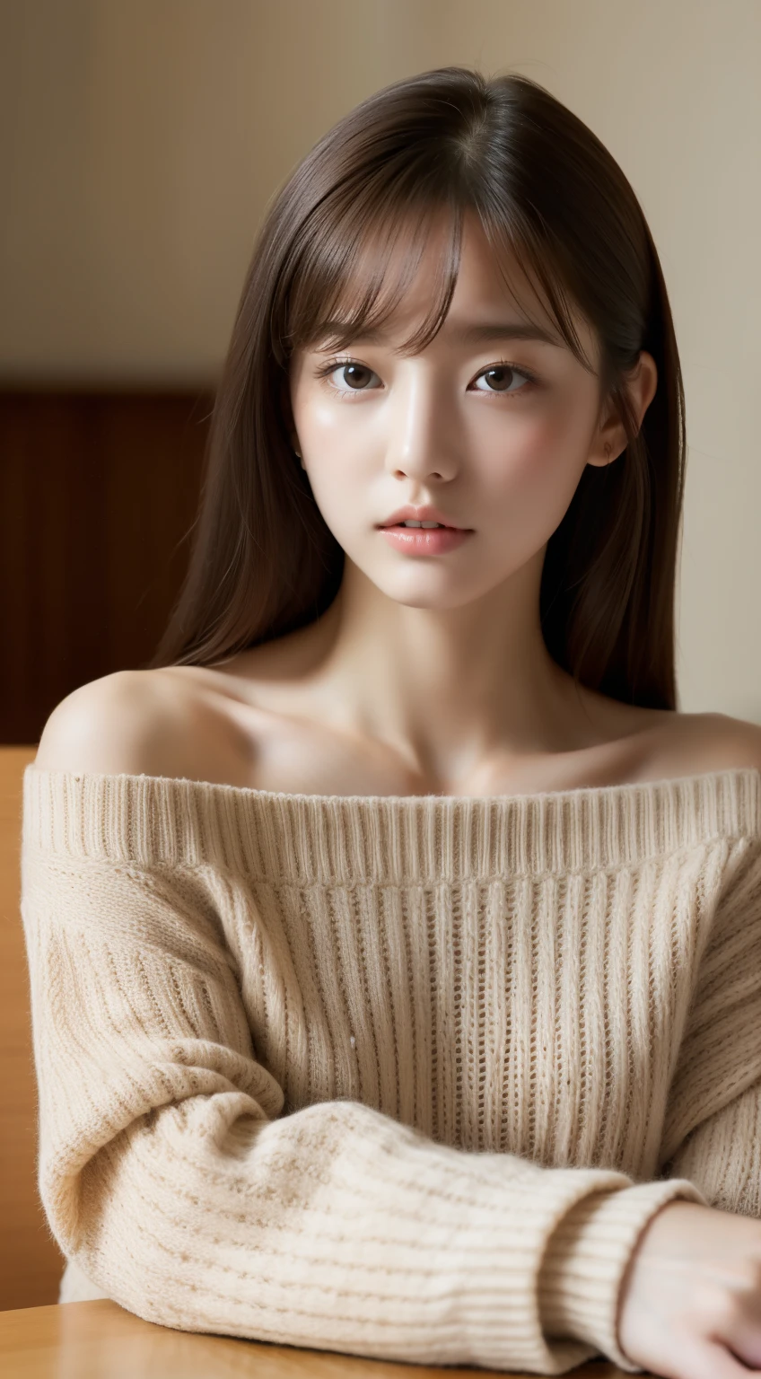 (RAW photo, 最high quality), (realistic, realistic:1.2),high quality, (high detail skin:1.4), 1 girl，Lying on the table,sweater，huge ???