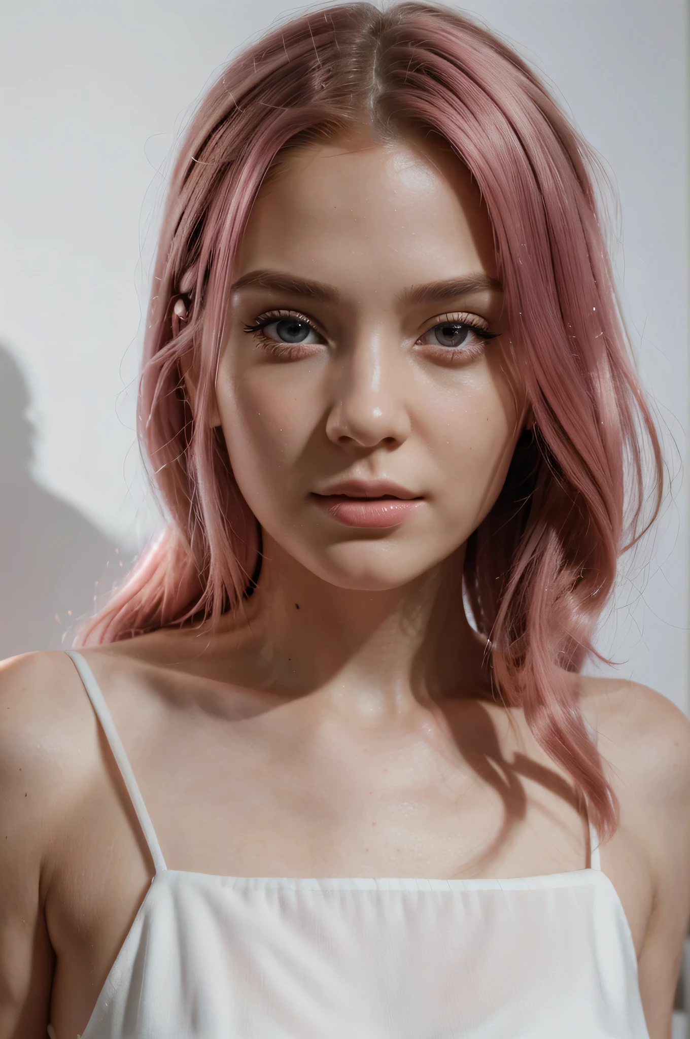 19 year old female, Pink hair, Masterpiece, Realistic, Well formed visual, High quality, Clean clothes, Slender body, Innocent face, Naturally wavy hair, Blue eyes, High resolution, Best quality, Intricate details, Very detailed, Sharp focus, Detailed skin, Realistic skin texture, Texture, Detailed Eyes, Professional, 4k, Charming Smile, Shot on Canon, 85mm, shallow depth of field, Kodak Vision Color, Perfectly aligned body, Very detailed, Photo_\(Ultra\), PhotoRealistisch, Realistic, Post-processing, Maximum Detail, Roughness, Real Life, Ultrarealistic, Photorealism, Photography, 8k UHD, Photography, intimacy atmosphere, slender figure, intimate moment, hot, no text, back view, very realistic, like profesional photo