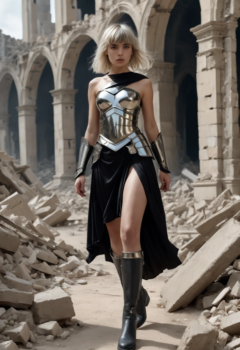 A girl walks through the ruins of a city. She is wearing a knee-length armour dress with armour inlay on the skirt and a loose bandeau skirt on the bottom half of the dress. Her hair was white with bangs and waist-length,and her legs were covered in black wrap-around pantyhose of fine,textured fabric. A pair of sturdy armoured knee-high boots are secured to her feet and legs, (best quality, masterpiece, Representative work, official art, Professional, 8k:1.3)