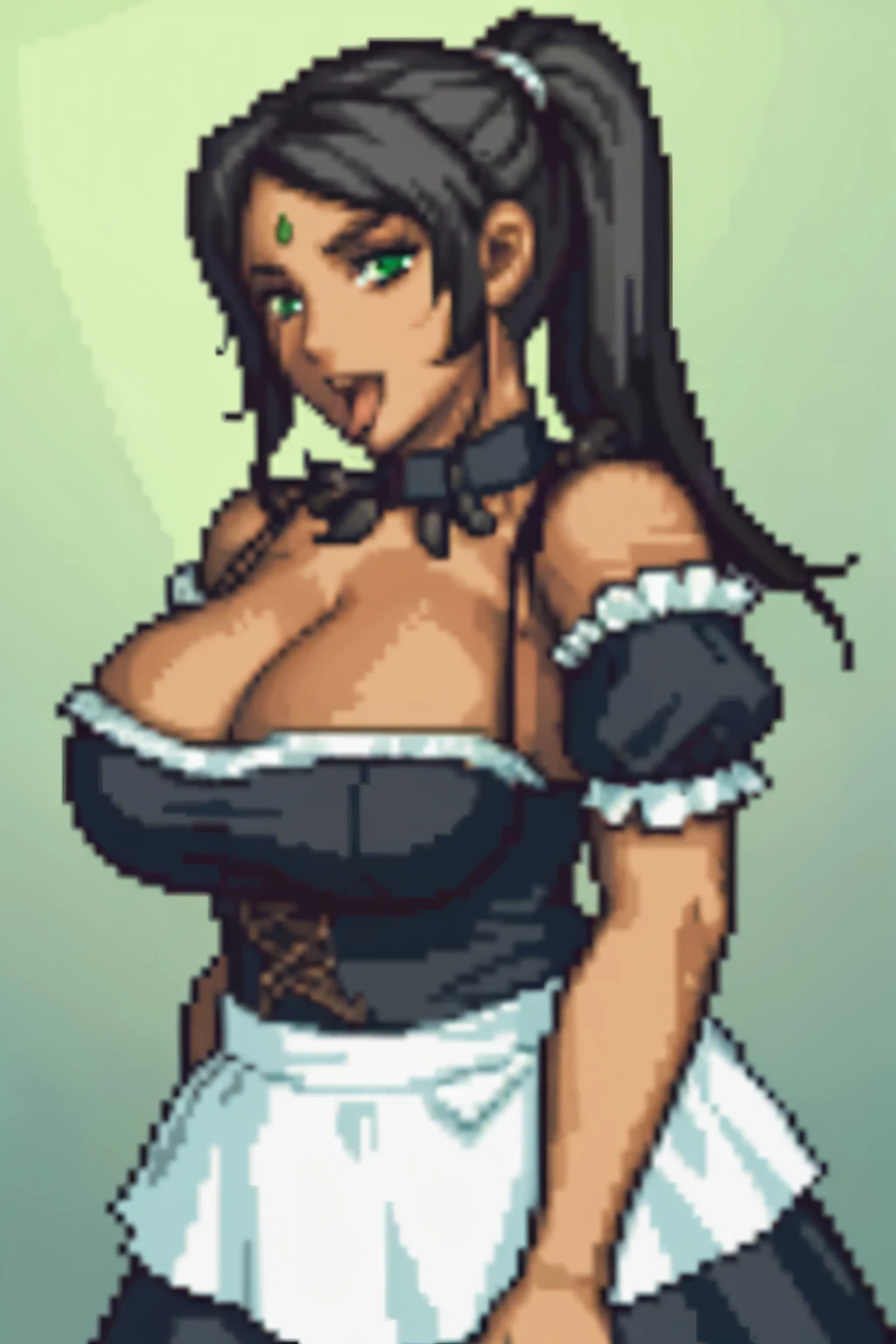 (masterpiece, official art), 1girls, solo, shortstack, thick, curvy, curvaceous, plump, goddess, black hair, green eyes, long hair, ponytail, (nidalee, french maid, maid dress, dark skin), (closeup), (huge breasts), looking at viewer, (upper body), smile, seductive, alluring attire, (open mouth, tongue out, twisted eyes)