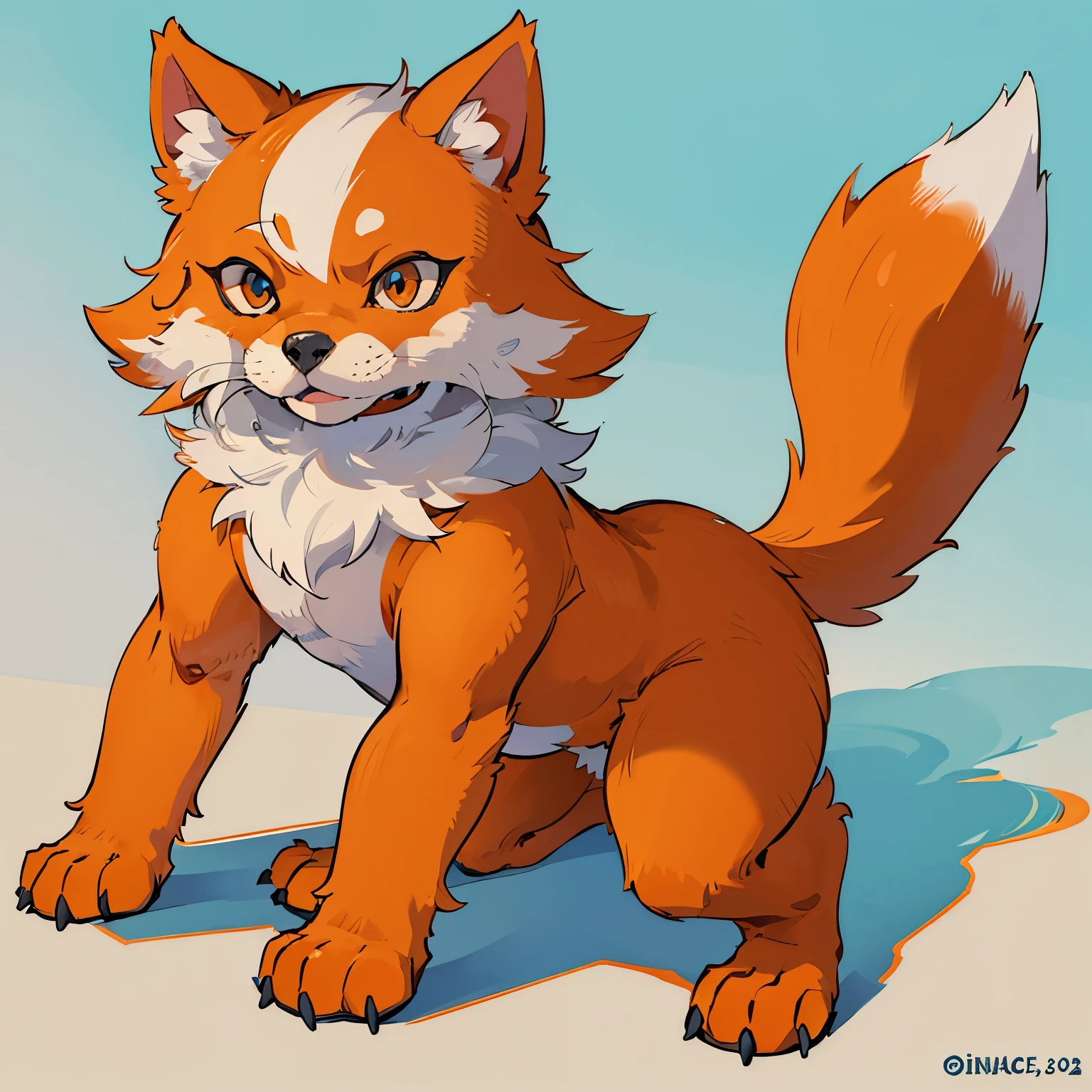 A bipedal dog with orange fur. Humanoid. Eyes are blue. The tip of the tail is white. He is wearing clothes.