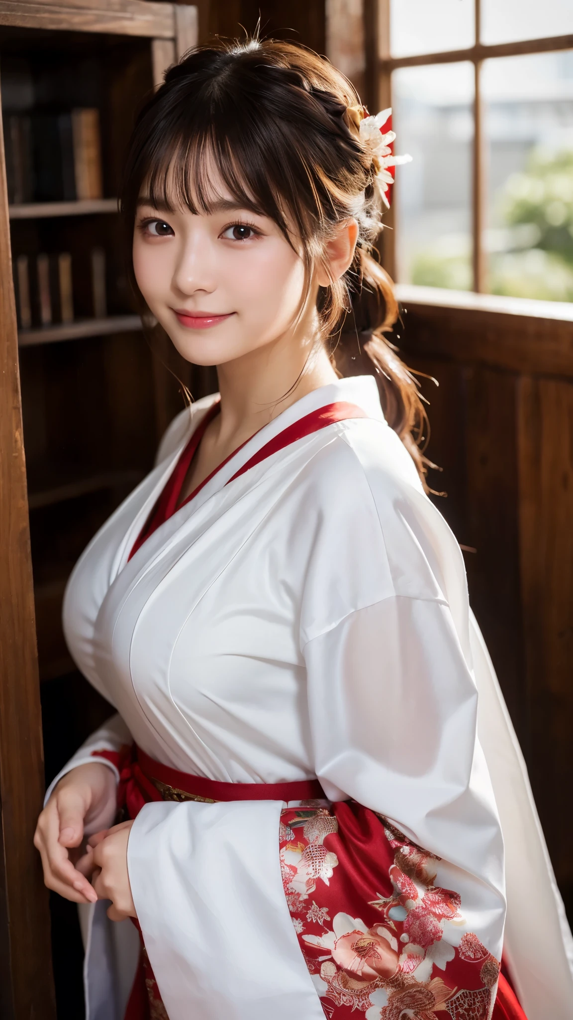 (highest quality,8K quality,masterpiece:1.3),(ultra high resolution,photorealistic:1.4,Live shooting),(Super detailed,caustics),(ultra-realistic capture,Beautifully detailed skin),(Shrine precincts),(white and red shrine maiden costume),18-year-old,Japanese,cute,black long hair,Low ponytail,Smiling and looking at the camera,big boobs,soft light,A ray of light shining from above,Natural light,