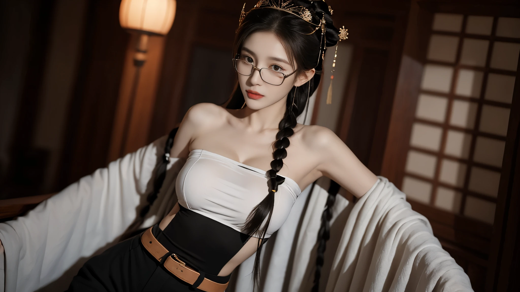 masterpiece, High quality CG, Japanese cartoons, illustration, best quality, 1 girl, boundary, , pretty face, Detailed face, cowboy shooting, Dokabi, 1 girl, alone, looking at the audience, black hair, braid, Glasses, black gloves, belt, Pants, black eyes, twin braids, striped hair, black headdress, bodysuit, black Pants, 圆形Glasses, black bodysuit, Wool cap, hair behind ears,