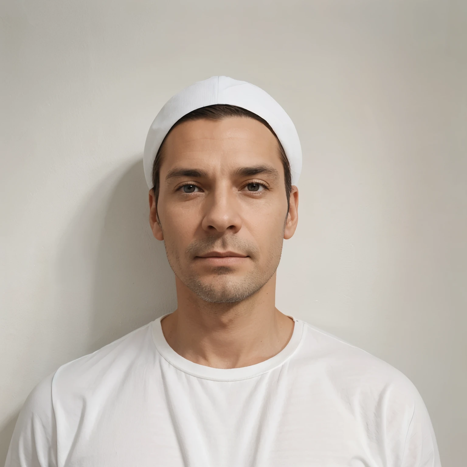 Homme 40 ans visage neutre et droit fond mur blanc