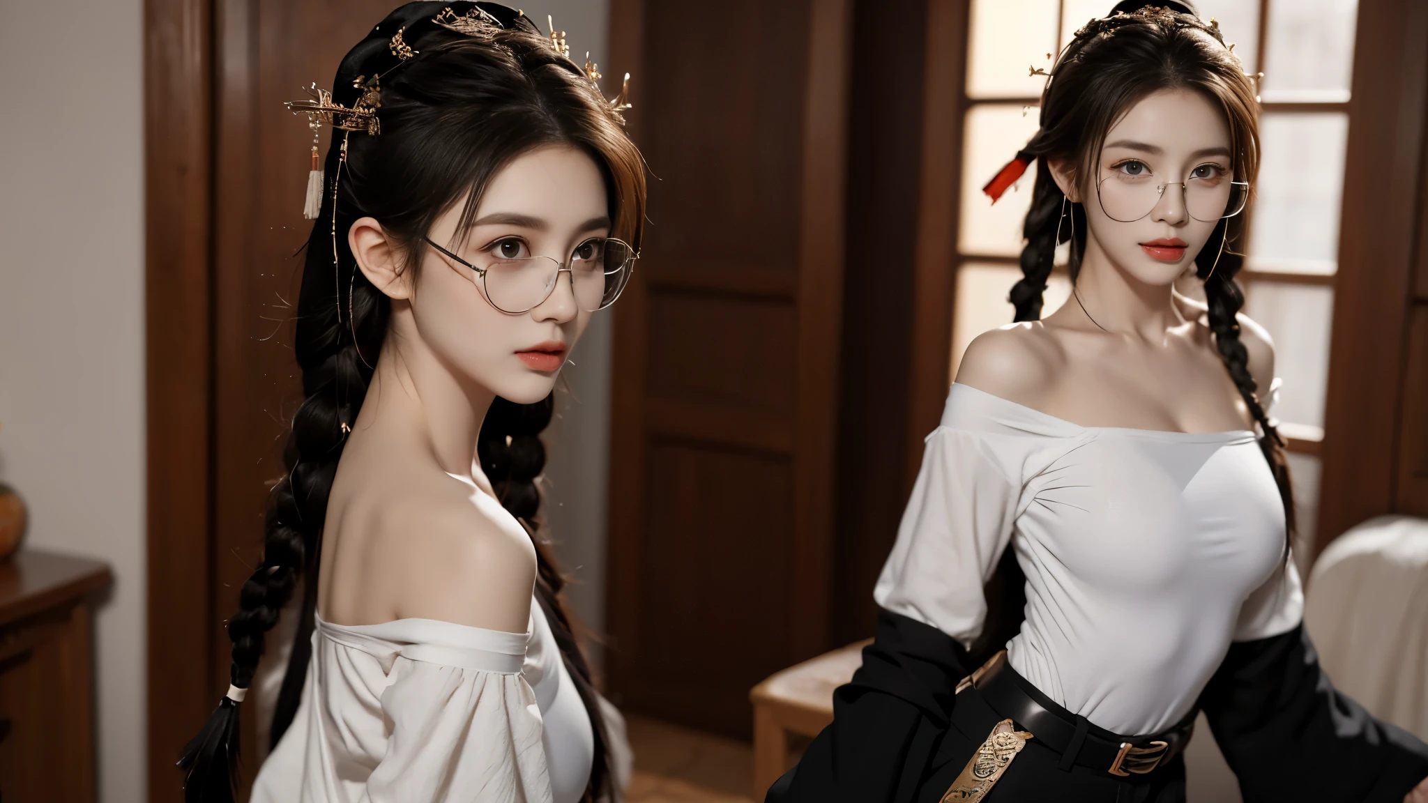 masterpiece, High quality CG, Japanese cartoons, illustration, best quality, 1 girl, boundary, , pretty face, Detailed face, cowboy shooting, Dokabi, 1 girl, alone, looking at the audience, black hair, braid, Glasses, black gloves, belt, Pants, black eyes, twin braids, striped hair, black headdress, bodysuit, black Pants, 圆形Glasses, black bodysuit, Wool cap, hair behind ears,