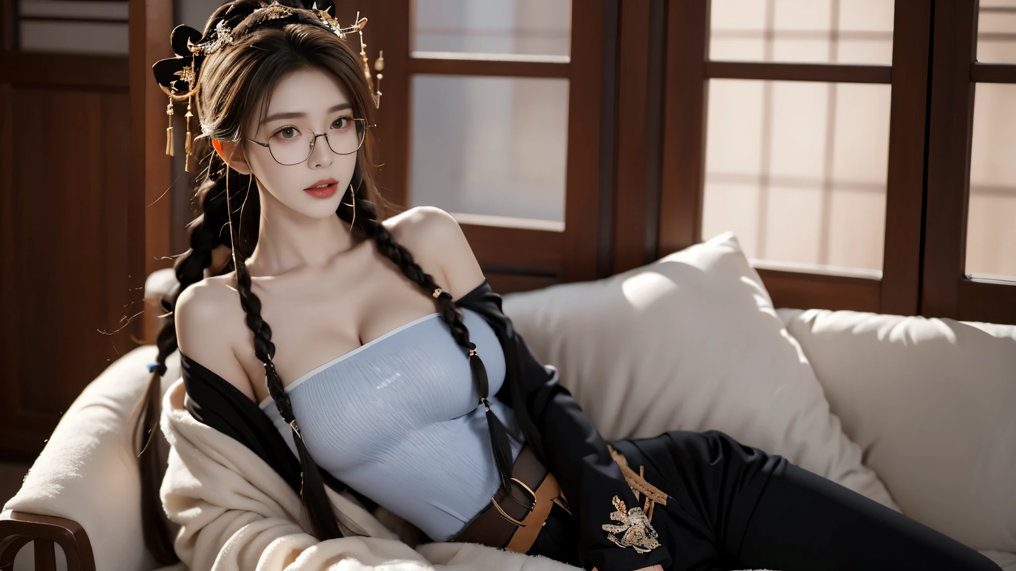 masterpiece, High quality CG, Japanese cartoons, illustration, best quality, 1 girl, boundary, , pretty face, Detailed face, cowboy shooting, Dokabi, 1 girl, alone, looking at the audience, black hair, braid, Glasses, black gloves, belt, Pants, black eyes, twin braids, striped hair, black headdress, bodysuit, black Pants, 圆形Glasses, black bodysuit, Wool cap, hair behind ears,
