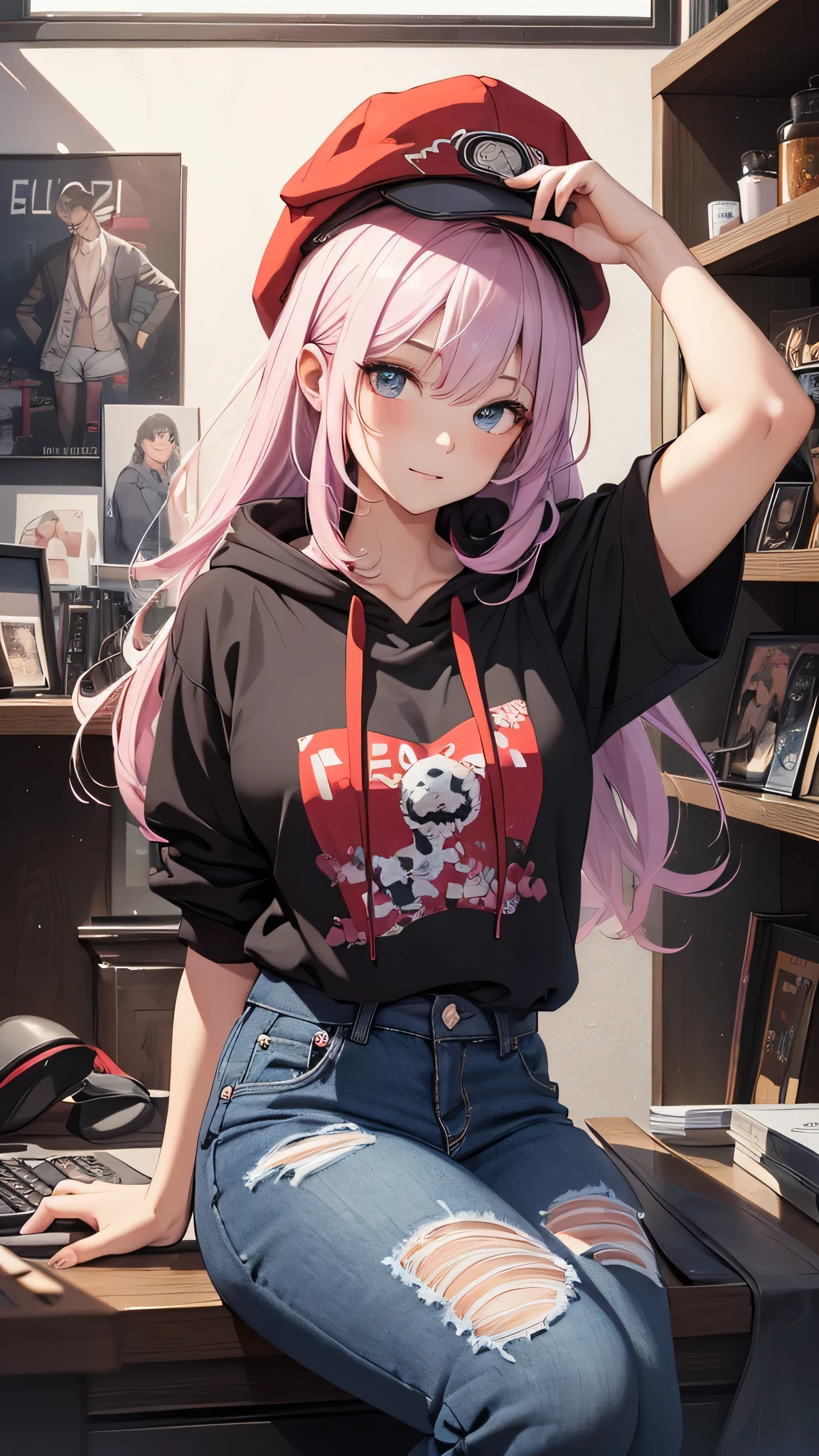 最high quality、best image quality、masterpiece、age girl((18-year-old、 By becoming、vest bust、medium bust,wide open breast tea、black eye, pink hair、long hair、thin,highest valley、toned chest、Have a smartphone、Selfie Pose、red hat、Multicolored shirts、Damaged jeans pants、knee high boots、black hoodie)),high quality、beautiful art、background((gamingroom)),debris flies、Depth of written boundary、movie、visual art、perfect art、8K,genuine