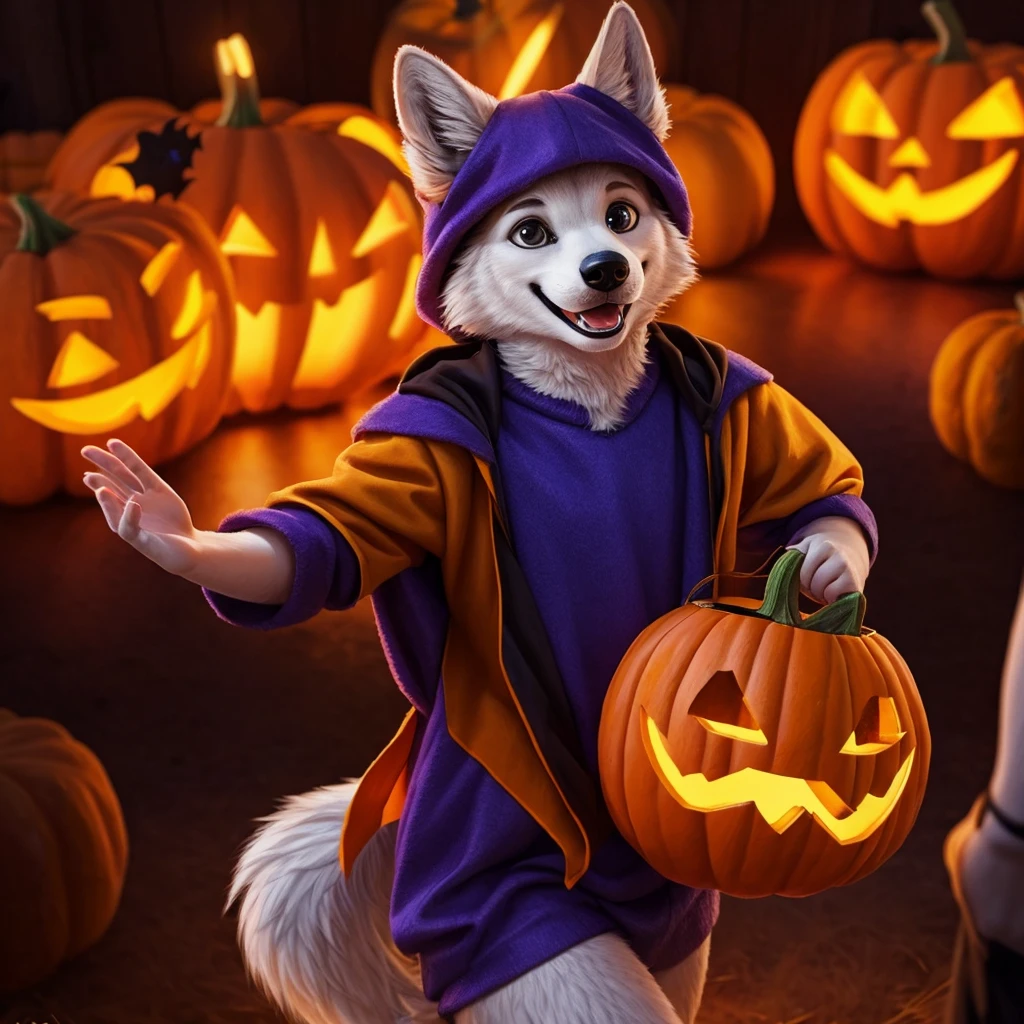 A photo of a cute wolf，it&#39;s a young heterosexual adult，Wear a Halloween costume，Holding a pumpkin lantern in the left hand，Looking at the audience with a happy expression on his face. The image needs to be ultra-realistic in 8k