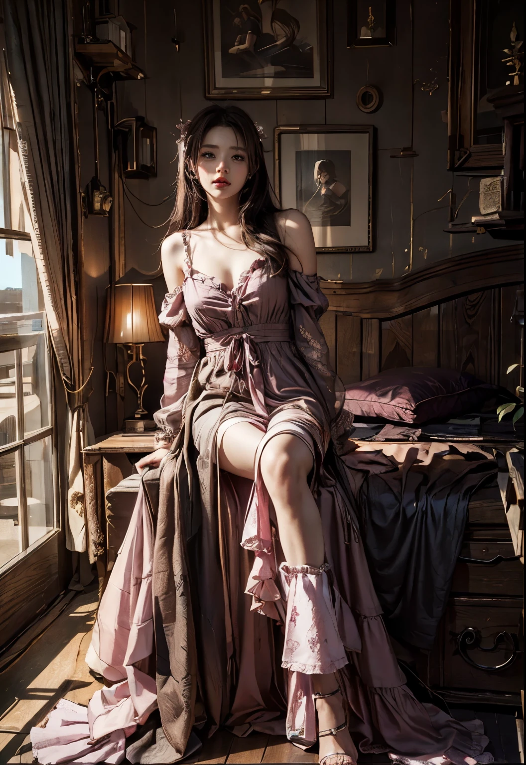 there is a woman in a pink dress sitting on a bed, 8k high quality detailed art, artwork in the style of guweiz, trending on cgstation, beautiful character painting, beautiful alluring anime woman, guweiz, 2. 5 d cgi anime fantasy artwork, 3 d anime realistic, realistic fantasy render, beautiful maiden, realistic anime 3 d style
