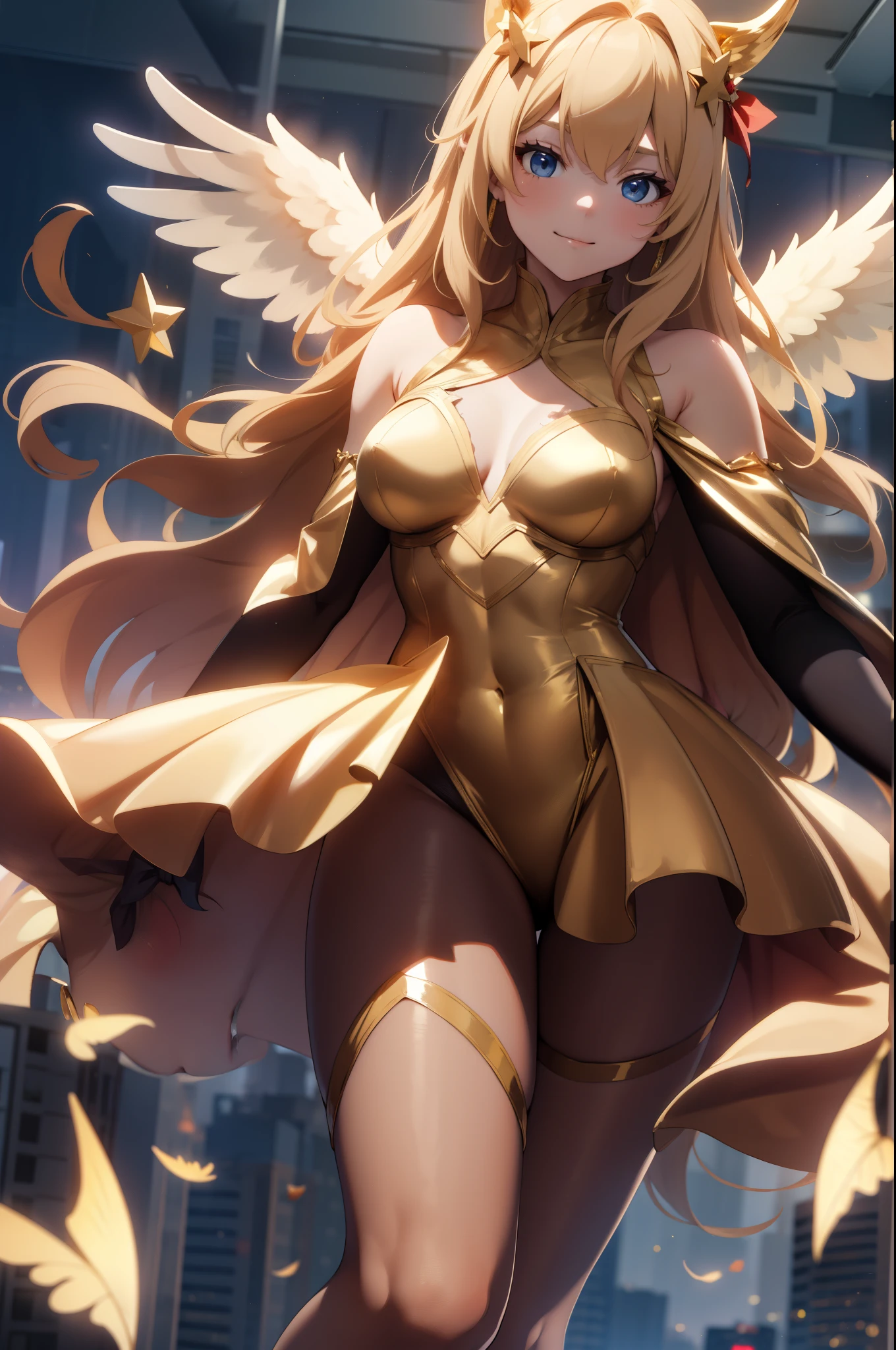 Aerial View,giant girl 50,000 feet high,Weight 1000kg,Has a pair of huge golden angel wings,With huge devil horns on his head,Has waist-length golden hair,loose hair,Big wavy blonde curls,Golden crown,Wearing a pair of gold Mary Jane heels,Gold lace gloves,gold lace pantyhose,Pantyhose with bow and star decorations,金色蕾丝whole body,Standing upright on a small city,Beautiful appearance,Exquisite makeup,quality,8k,高quality,Perfect proportion, Cinema lighting,film grain,Fuji colors,8k,textured skin,Super details,high detail,high resolution,fake smile,blood stains,脚底有blood stains,whole body,Obese,feather