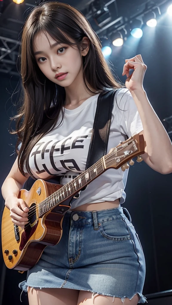 Woman playing guitar live、Carrying a guitar、 brown messy hair、((Huge breasts、Breast augmentation、big breast))、Complex 6-string electric guitar:1.2、anatomically correct finger、gibson Paul、1 guitar only、Short denim skirt、Short denim skirt、Short denim skirt、Short denim skirt、Short denim skirt、Small T-shirt、Leather jacket、Concert stage、Many people cheering