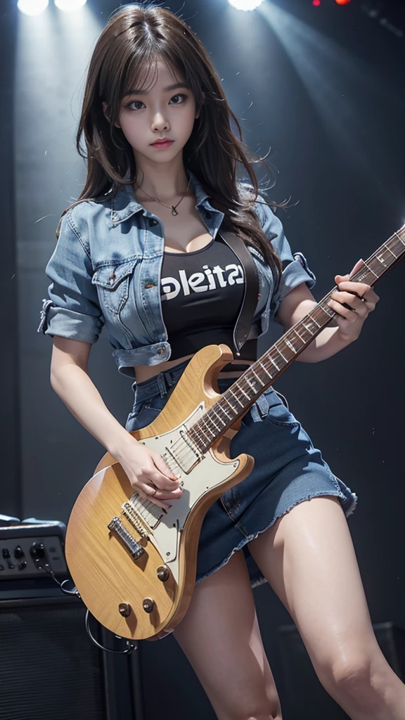 ((best quality)), photorealistic, photorealism, Photorealistic, high resolution, school girl blazer、 black t shirt、Red checked knee-length skirt、Long skirt、JK Style、Jacket、smile、Knee-high socks、Thigh-high socks、pantyhose、A superb beauty、Super cute、ennui、Rare beauty、Short hair、Aestethic tatoo, Black Dark Eyeshadow、Sad、white skin、pale skin, short hair straightener、Dark Gothic Makeup、Cute Smile、Fragrant beauty、Stained glass background、Mastepiece、Best Quality、Refers to 5 books、Sweat glistening on my chest、Sweat glistening on my face、Large breasts、Huge breast、Red hair、Age 20 years old、Mysterious look、A sad expression、Red Hair、mysterious gothic church、enchanting castle、Sweating profusely all over the body、A lot of sweat and light on the thighs、Shiny thighs、Plenty of sweat glistening on the thighs、A large amount of sweat glistens on my thighs、Sweating profusely、Gal、Medium breasts、beautiful face、Alluring expression、Thin thighs、Playing electric guitar、I have an electric guitar、Sing a song enthusiastically、Playing guitar in a band、Playing guitar chords、Live House Background、Sing a song、Open your mouth、Live house scenery、Mike stand、Glamorous live stage、Dynamic Angle、cinematic lighting