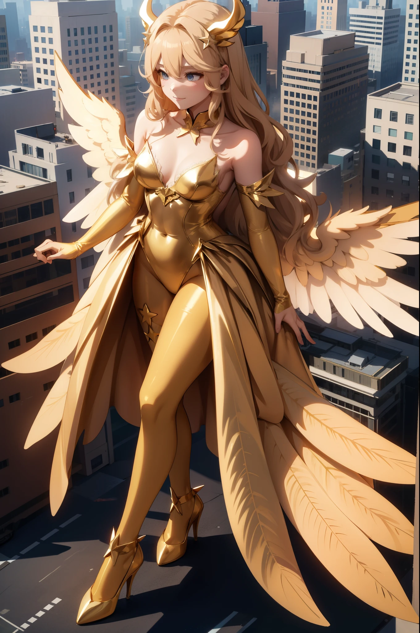 Aerial View，giant girl 50,000 feet high，Weight 1000kg，Has a pair of huge golden angel wings，With huge devil horns on his head，Has waist-length golden hair，loose hair，Big wavy blonde curls，Golden crown，Wearing a pair of gold Mary Jane heels，Gold lace gloves，gold lace pantyhose，Pantyhose with bow and star decorations，金色蕾丝whole body，Standing upright on a small city，Beautiful appearance，Exquisite makeup，quality，8k，高quality，Perfect proportion, Cinema lighting，film grain，Fuji colors，8k，textured skin，Super details，high detail，high resolution，fake smile，blood stains，脚底有blood stains，whole body，Obese，feather