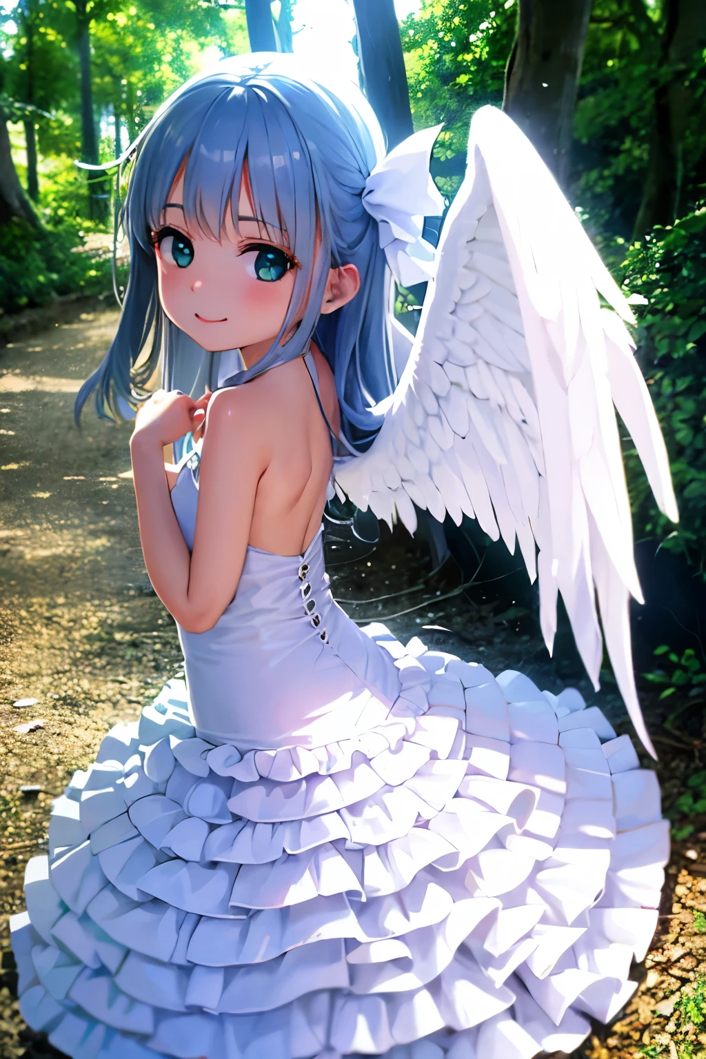 Cabello largo plateado, ojos verdes, petite, white corset, wings, sonrisa, happy, muslos hermosos, white underwear, forest