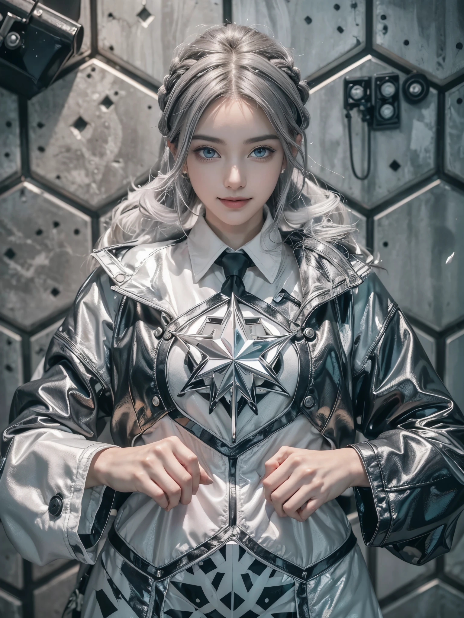 (anime, Wallpaper:1.4), (Unreal fashion:1.6), (gorgeous, elegant, luxury:1.4), (beautiful still life painting art:1.4),
_
BREAK (1girl:1.2),
_
BREAK (happy, smile, Glossy Lips:1.3), (Light color lips, Half open mouth, beautiful Teeth:1.2), (dropy eyes, Double eyelid, light color eyes, Shiny eyes:1.5), Shiny skin,
_
BREAK (arranged hairstyle:1.4), (gray hair:1.2), shiny hair, Detailed hair,
_
BREAK (White and black theme:1.4), (Grafty paint and Geometric art concrete wall:1.4), (blurry background, mist, fog:1.4),
_
BREAK (cowboy shot), (random pose),(sitting on the block),
(elegant, luxury, Bodysuit:1.4), (monochrome theme:1.3), (white crisp button-up shirt:1.2), (black high-waisted pencil skirt:1.2), (sleek black blazer with minimalist design:1.2), (knee-high black socks:1.2), (polished black oxfords:1.2), BREAK
(minimalist black ribbon tie:1.1), (slicked-back hair:1.2), (confident stance with crossed arms:1.2)