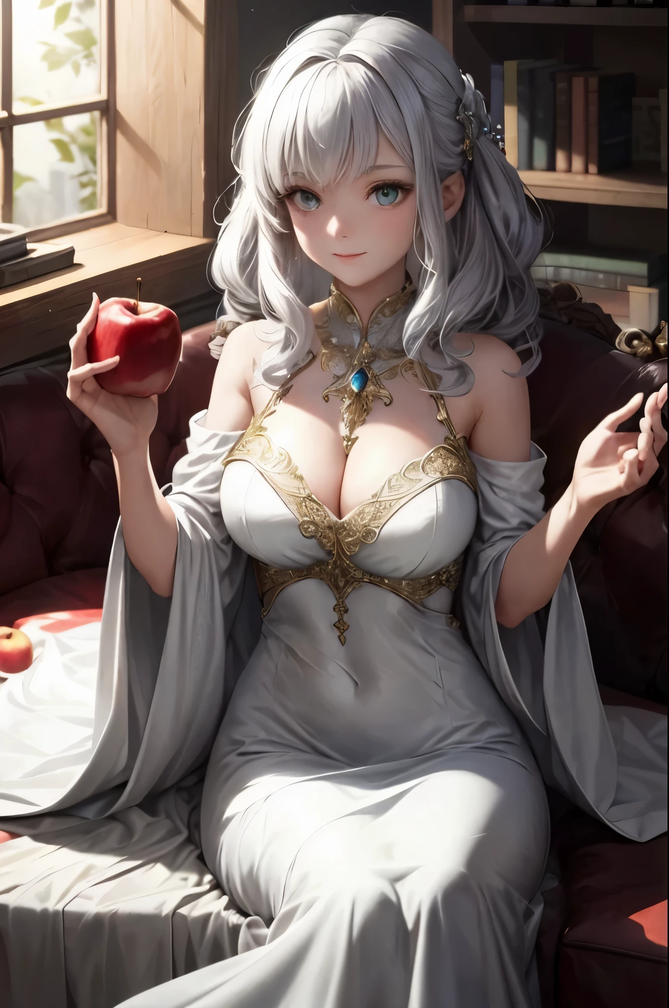 (mysterious fantasy), a girl with enchanting aura, wearing a flowing white sling dress, casually sitting on a plush sofa, holding a crisp red apple in her hand, lost in thought,
(automatically), her deep-set emerald eyes gaze into the distance, her raven curls cascading down her shoulders, a mysterious smile playing on her lips, surrounded by an aura of mystery,
(imagine), as sunlight streams in through the window, illuminating her ethereal figure and casting a warm glow upon her, the apple in her hand seems to glow with an inner light,
(s2), the enchanting scene unfolds before us, a capt