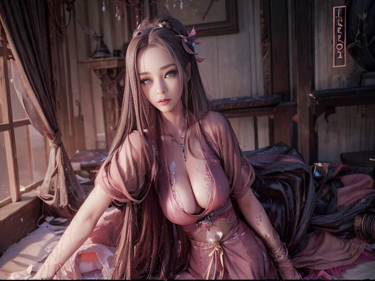 there is a woman in a pink dress sitting on a bed, 8k high quality detailed art, artwork in the style of guweiz, trending on cgstation, beautiful character painting, beautiful alluring anime woman, guweiz, 2. 5 d cgi anime fantasy artwork, 3 d anime realistic, realistic fantasy render, beautiful maiden, realistic anime 3 d style