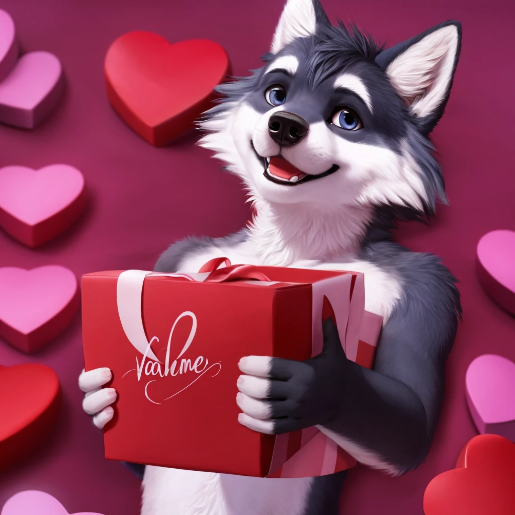 A photo of a cute wolf，it&#39;s a young heterosexual adult，Holding a box of Valentine&#39;s Day chocolates，Looking at the audience with a happy expression on his face. The image needs to be ultra-realistic in 8k