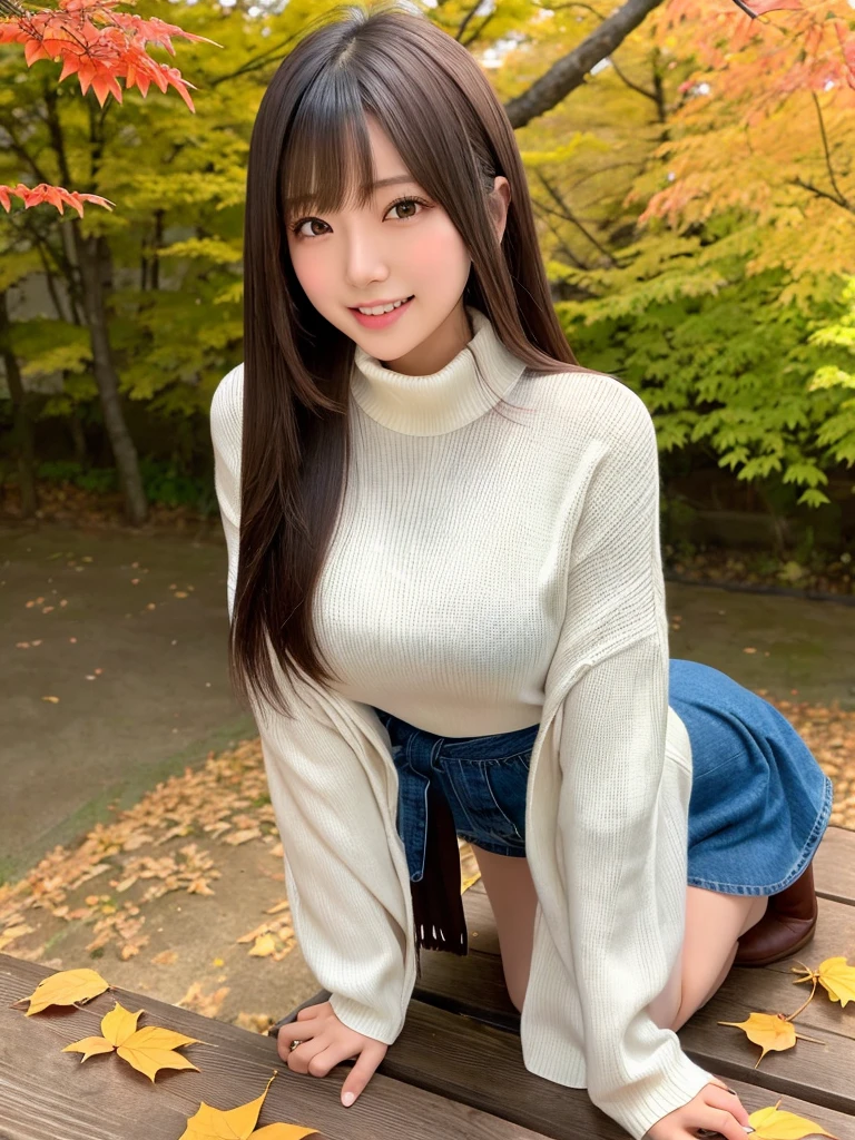 must-have、NSFW、1 girl per photo、High resolution、cowboy shot、Front view、Japanese young cute girl、long bob hair、Sitting on a wooden bench along the colorful autumn leaves of Japan、big smile、Wearing a white turtleneck knit、wearing a jean skirt、Wearing long black leather boots、super cute face、glossy lips、double eyelids of both eyes、natural makeup、shiny smooth light brown hair of a long bob hair、asymmetrical bangs、High resolution、high detail、detailed hairstyles、detailed face、movie lighting、octane rendering、surreal、perfect limbs、perfect anatomy、emphasize the chest、looking at the camera、high angle、show teeth(open mouth)、long tongue、F cup、Sexy knit that emphasizes big breasts、crawl on all fours、stare、Envy