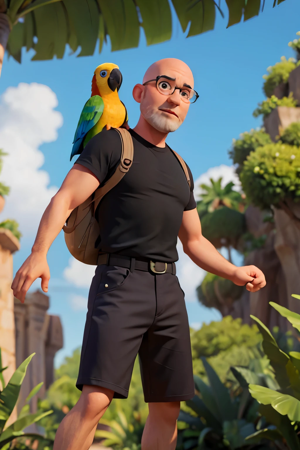 Craft a Disney Pixar-style character of a 45-year-old, average-weight, bald, lightly-bearded white man wearing stylish, slightly reflective glasses. He is donned in a black shirt with a backpack on his back. Accompanying him is a large, colorful parrot perched on his shoulder, set against a jungle backdrop.