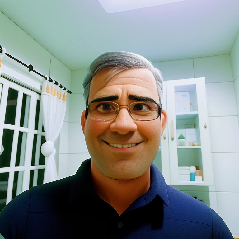 homem branco, com cabelos pretos, com barba cheia, Wearing clear glasses and a formal shirt.
