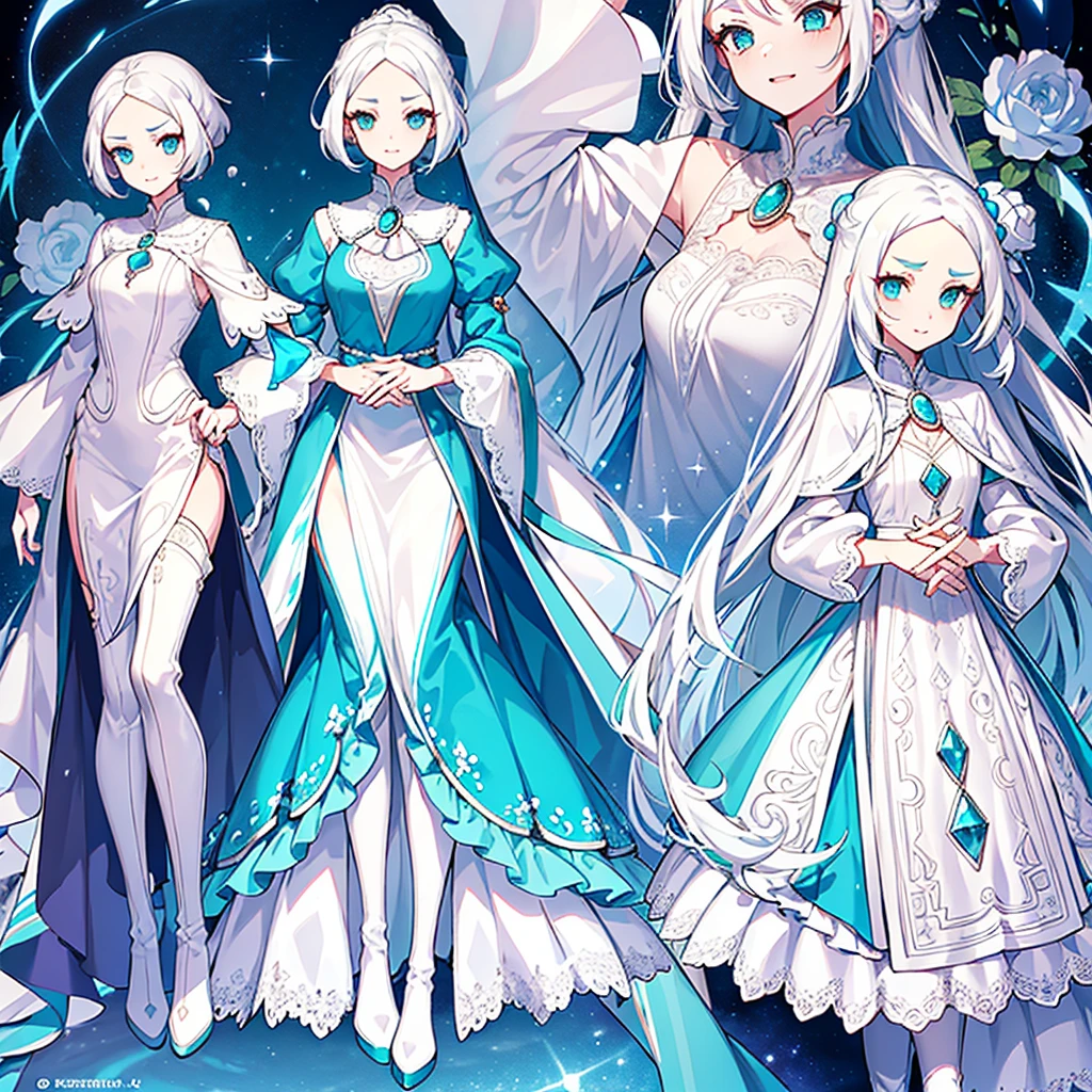 (Character design sheet, forehead, side, back, head, clothing), a girl, pearl white hair, turquoise eyes, fantastic style, flowing dress, lace and ruffles, gems and brooches, elaborate boots, exquisite jewelry, serene look, radiant smile, gently arched eyebrows, serenity and wisdom, empathy and compassion, connection with magic.