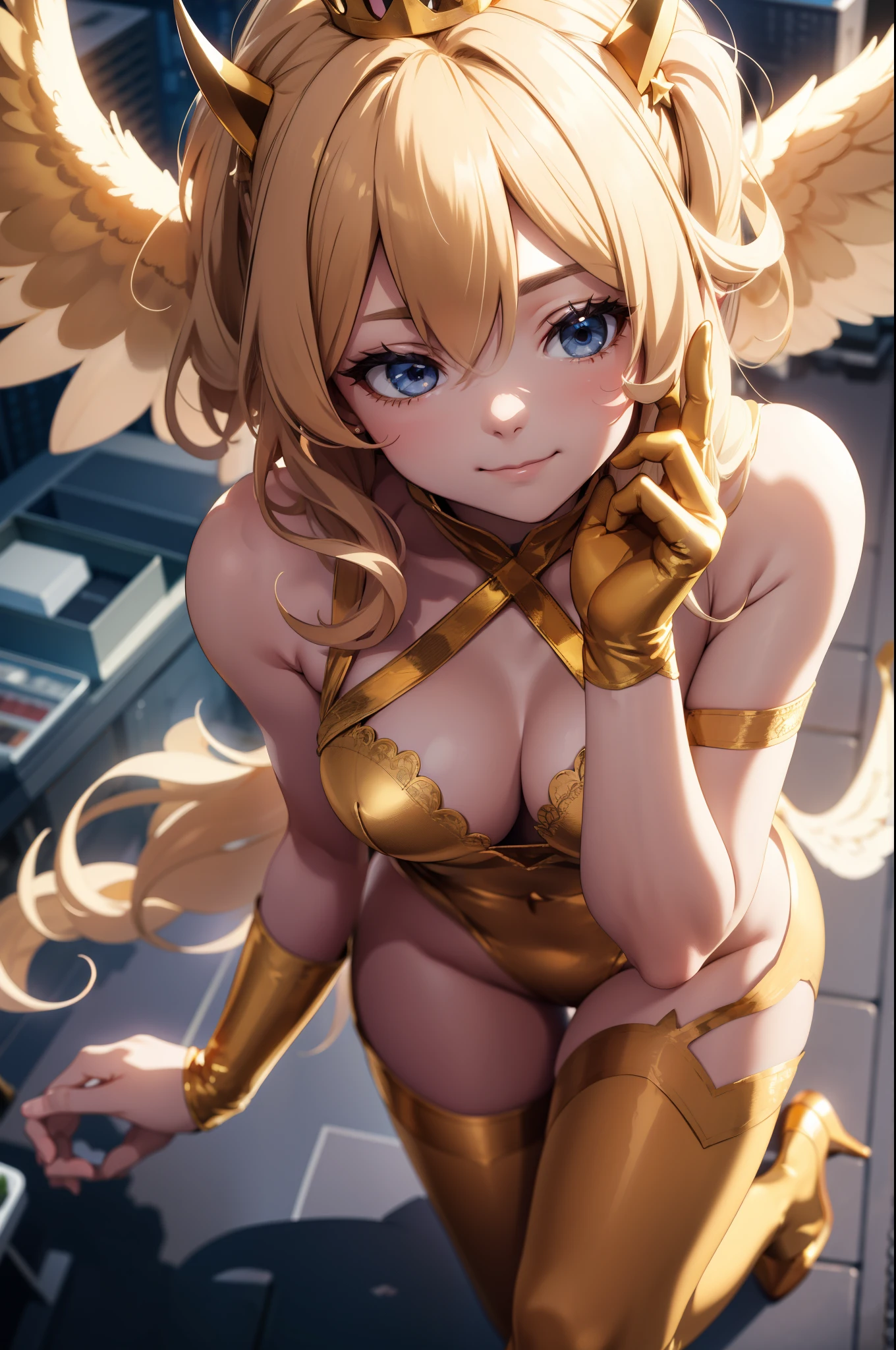 Aerial View，giant girl 50,000 feet high，Weight 1000kg，Has a pair of huge golden angel wings，With huge devil horns on his head，Has waist-length golden hair，loose hair，Big wavy blonde curls，Golden crown，Wearing a pair of gold Mary Jane heels，Gold lace gloves，gold lace pantyhose，Pantyhose with bow and star decorations，金色蕾丝whole body，Standing upright on a small city，Beautiful appearance，Exquisite makeup，quality，8k，高quality，Perfect proportion, Cinema lighting，film grain，Fuji colors，8k，textured skin，Super details，high detail，high resolution，fake smile，blood stains，脚底有blood stains，whole body，Obese，feather
