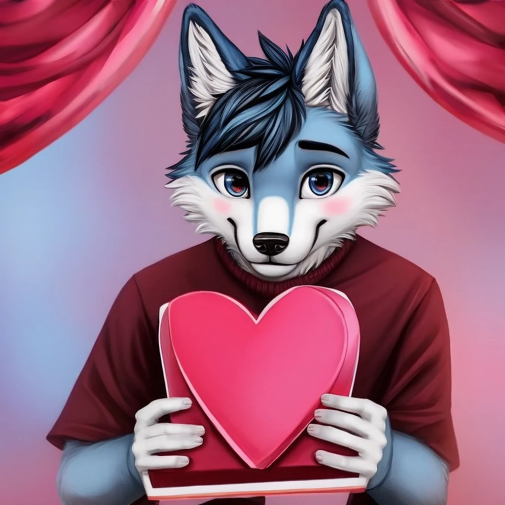 A photo of a cute wolf,it's a young heterosexual adult,Holding a box of Valentine's Day chocolates,Looking at the audience with a shy expression on his face.