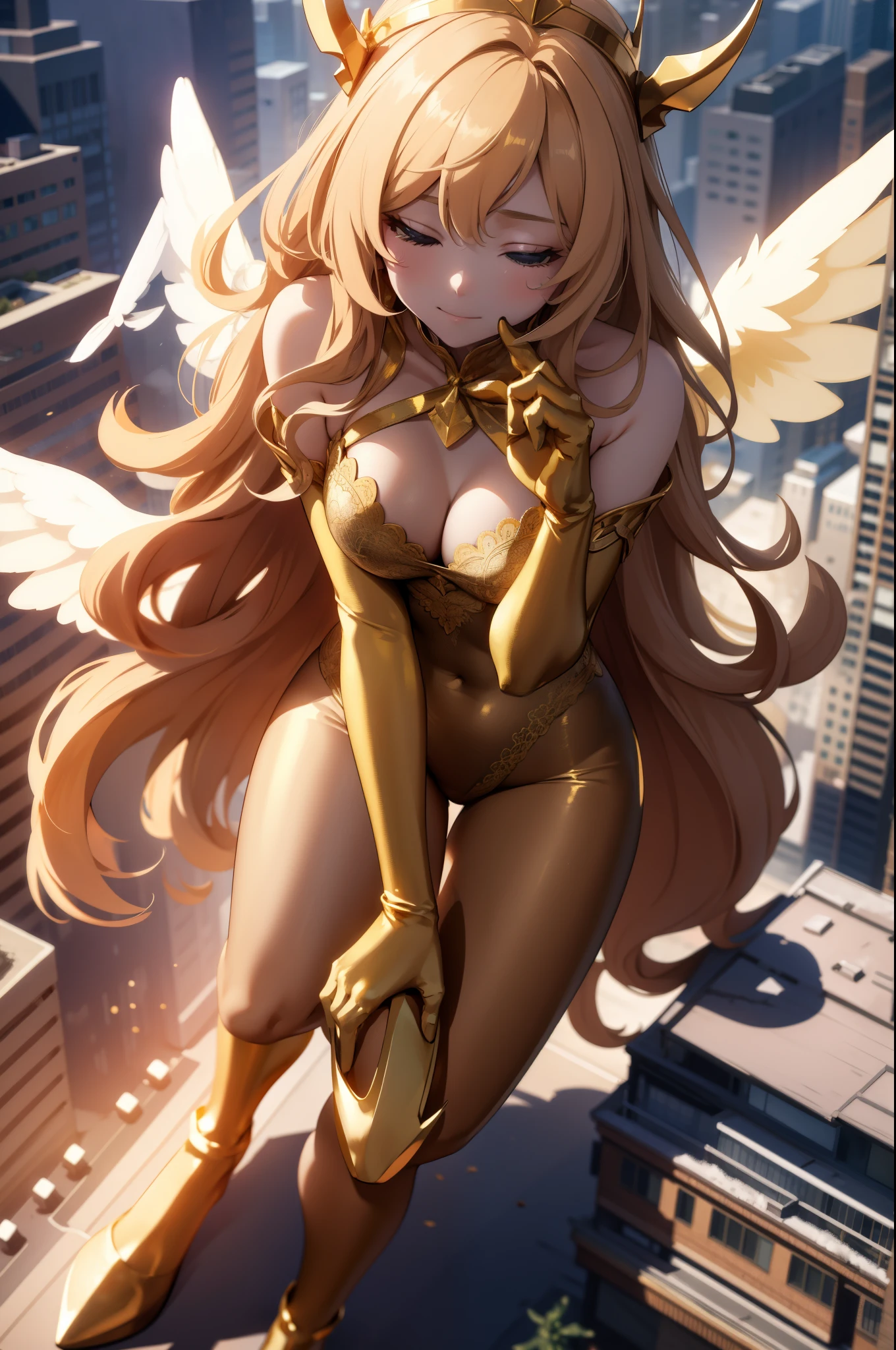 Aerial View，giant girl 50,000 feet high，Weight 1000kg，Has a pair of huge golden angel wings，With huge devil horns on his head，Has waist-length golden hair，loose hair，Big wavy blonde curls，Golden crown，Wearing a pair of gold Mary Jane heels，Gold lace gloves，gold lace pantyhose，Pantyhose with bow and star decorations，金色蕾丝whole body，Standing upright on a small city，Beautiful appearance，Exquisite makeup，quality，8k，高quality，Perfect proportion, Cinema lighting，film grain，Fuji colors，8k，textured skin，Super details，high detail，high resolution，fake smile，blood stains，脚底有blood stains，whole body，Obese，feather