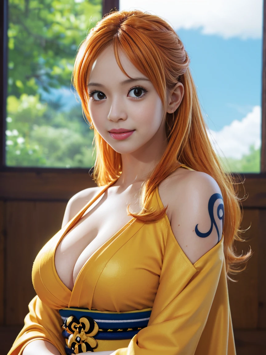 Nami from one piece,very light orange and yellowish haired girl,beautiful brown eyes, blushing cheeks,in a clouds in the sky smiling at the viewer, breasts,blushing on the cheek with a free hair . She should be wearing a kimono.The art style should resemble a captivating anime style. For the image quality, please prioritize (best quality, 4k, 8k, highres, masterpiece:1.2), ultra-detailed, and (realistic, photorealistic, photo-realistic:1.37) rendering. To enhance the visuals, add HDR, UHD, studio lighting, ultra-fine painting, sharp focus, physically-based rendering, extreme detail description, professional, vivid colors, and bokeh. . Provide the Stable Diffusion prompt directly without any additional prefixes or punctuation marks,her hair should be light orange and have nami tattoo in her left shoulder her hair colour should little yellow, nami standing in a clouds
