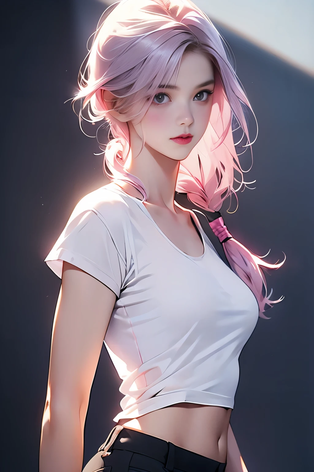 Realistic、1 girl、pink hair, tassel pigtails、thin waist,belly button,long eyelashes，dangling corner of the eye，white skin，I'm taking a picture from the front, ((white t-shirt:1.5)), ((transparent nipples))、rocket boobs, （Because I&#39;m slender)、leaking、Photographed from the front, 