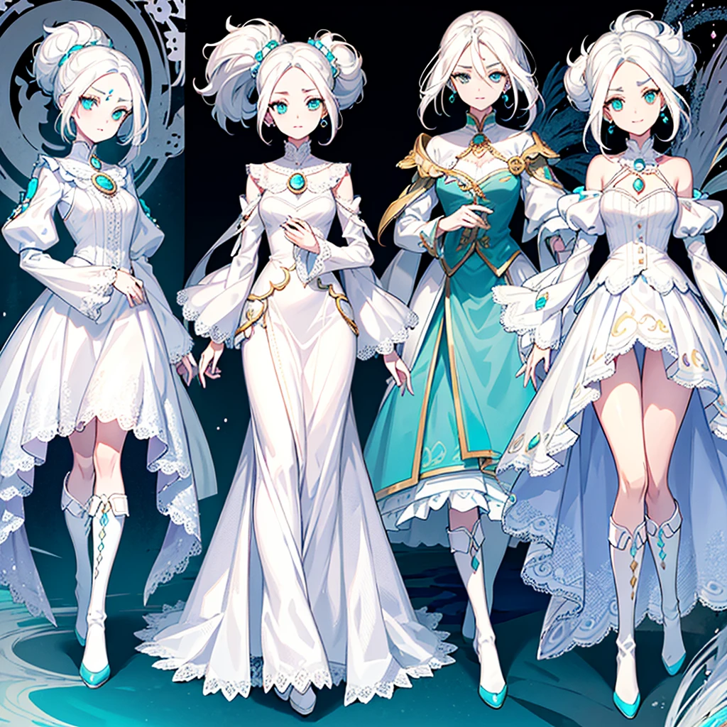 (Character design sheet, forehead, side, back, head, clothing), a girl, pearl white hair, turquoise eyes, fantastic style, flowing dress, lace and ruffles, gems and brooches, elaborate boots, exquisite jewelry, serene look, radiant smile, gently arched eyebrows, serenity and wisdom, empathy and compassion, connection with magic.