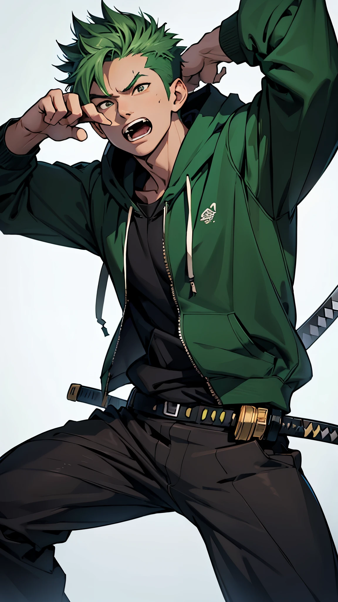 Best quality, 1guy, green hair, short hair, Black hoodie, Katana, katana sheath, Relaxed pose, (exhales air:1.2), The magic of the air, (open mouth:1.5), steam from the mouth