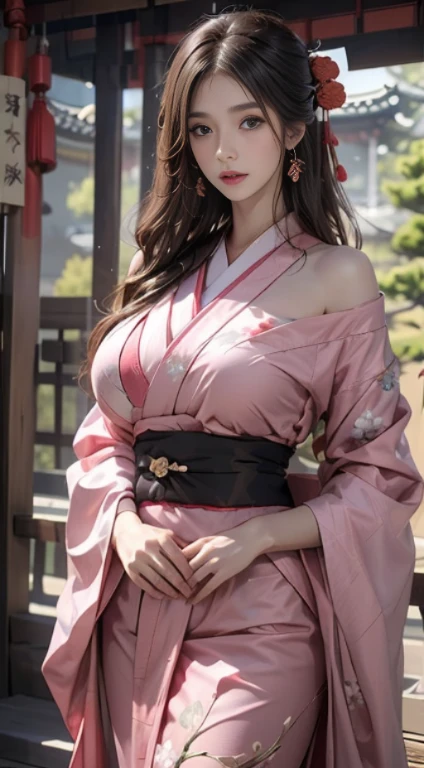 Shrine of Japan、Wearing a pink kimono、Unreal Engine:1.4, best qualtiy:1.4, Photorealista:1.4, Skin Texture:1.4, masterpiece:1.8, 1 Women, hips up high, beautiful eyes, The long-haired, Ringed Eyes, Kimono, huge breast