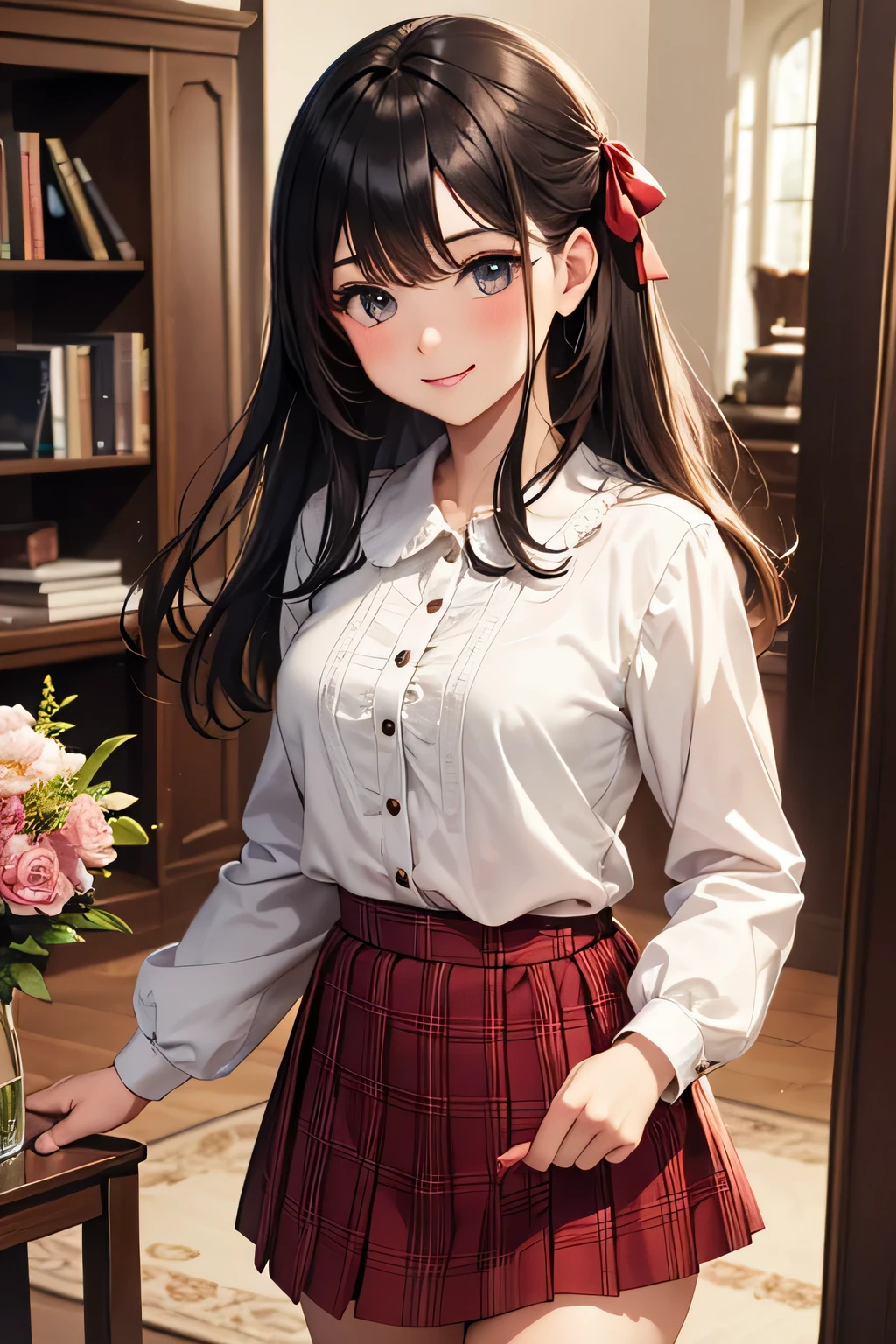 very cute and beautiful girl,(very detailed美しい顔と目:1.2),(smile),blush,cowboy shot,
(white blouse with small frills),Long sleeve BREAK standing,skirt lift,white panties,
dynamic angle,hair ribbon,black hair,(scarlet plaid miniskirt)
 rest living room,flowers in a vase,wooden desk,(bookshelf:0.9),Jewelry box,european carpet,distant tree々,
(highest quality,masterpiece:1.2),(intricate details),very detailed,High resolution,alone,
movie-like scene,hair blowing in the wind,