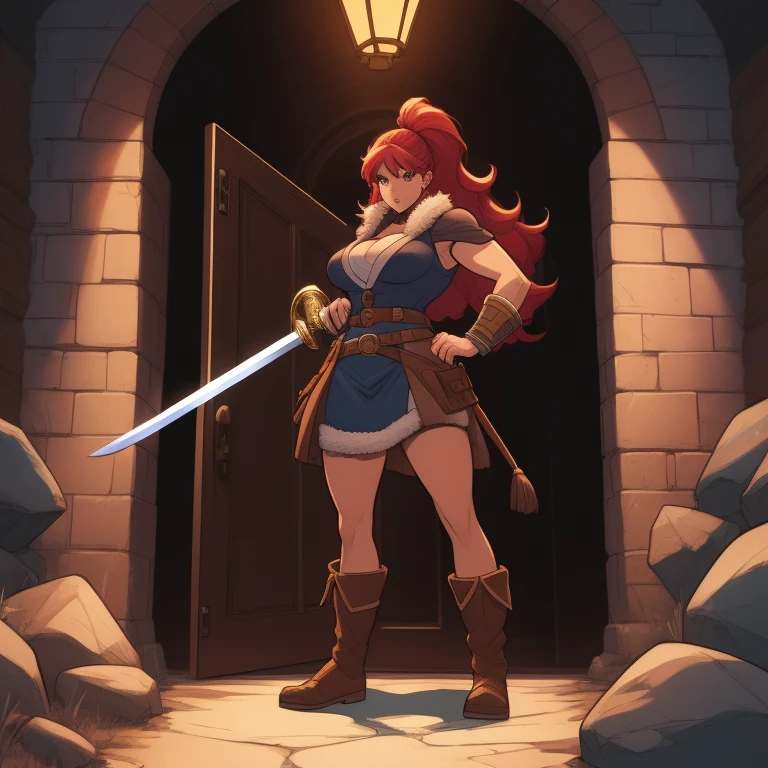 baarbara, barbarian female with red hair and a sword standing in front of a doorway, by Johannes Helgeson, mark schultz, the entrance of valhalla, battle chasers, by Paul Pelletier, inspired by Johannes Helgeson, ( ( ( ( ( dan mumford ) ) ) ) ), comic cover art, old - school dark fantasy art, dungeons, from pathfinder