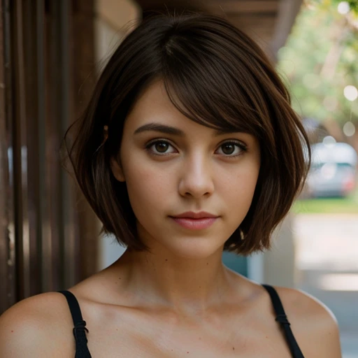 mujer con un corte de pelo corto y un top negro, 4k asymmetric photography, cuerpo entero , short brown hair, 8k soft photography, Short brown hair and large eyes, Short brown hair, cara hermosa y afilada, girl with brown hair, rostro femenino atractivo, pelo medio corto, pelo hasta la barbilla, pelo corto ondulado, girl with brown hair oscuro , retrato de cuerpo entero , vestida elegantemente 