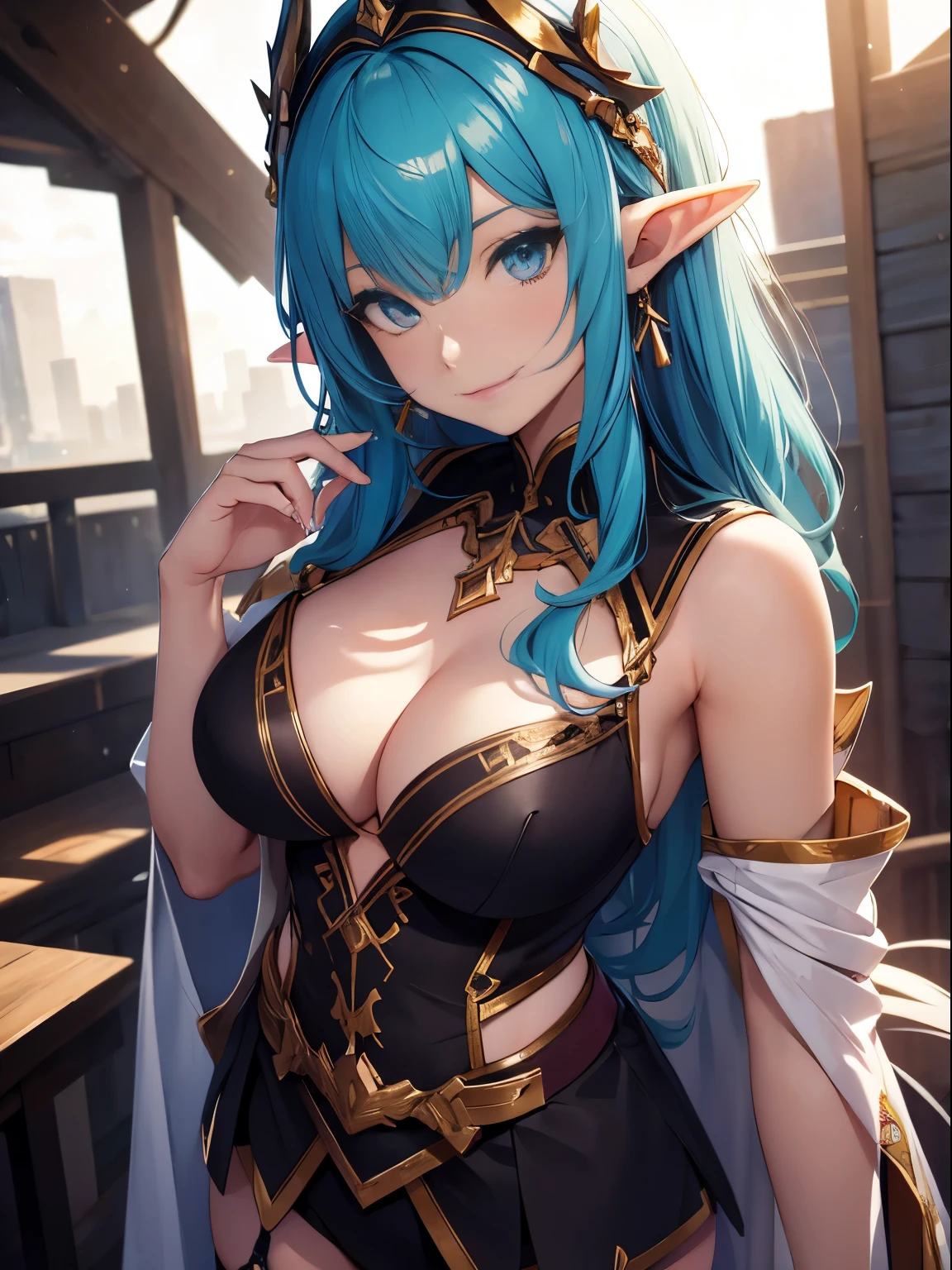 cute elf girl，side blade，exquisite hair，colored inner hair，Choose and dye your hair，colorful hair，Ultra HD with details，Professional lighting and lighting。tall and tall，sexy clothes，stockings，Delicate earrings，delicate necklace，breeze，bright scene，More refined facial features，bright eyes，light smile，anaglyph，tachi-e，atmospheric perspective，High-detail backlight，chiaroscuro，full bloom，Ray trajectory，Perspective Top-Down，super detail、acura、best quality person、Textured epidermis、anatomically correct
