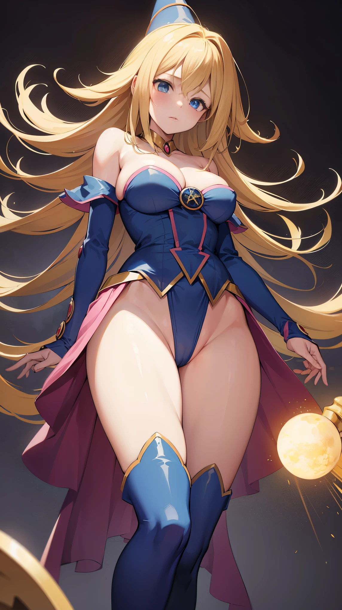 Black Magician Girl、super breasts、thick thighs、blonde hair、magic circle、magic wand、Black Magician Girlのブーツを履く、Leotards that dig into the buttocks、