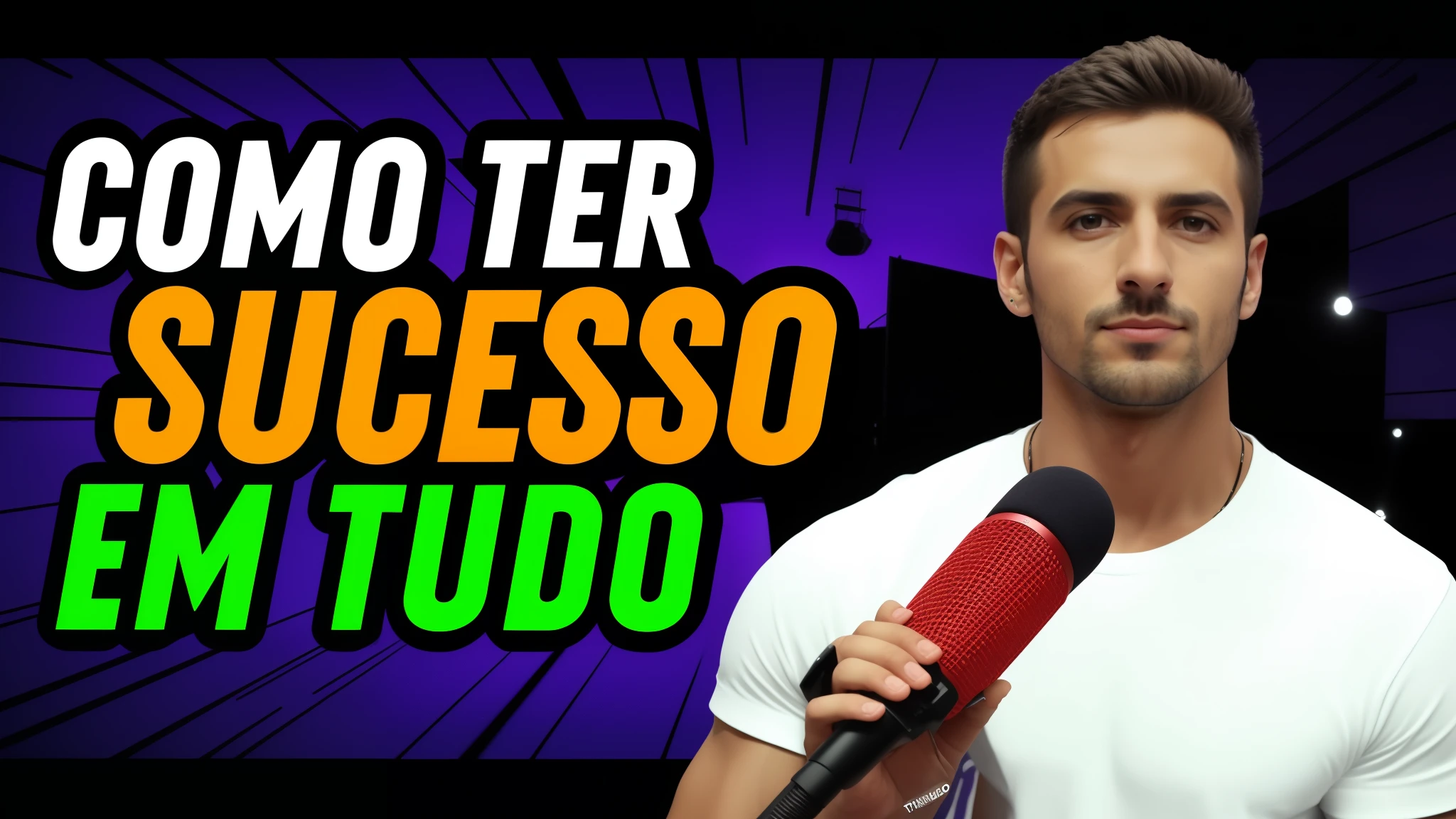 um close de uma pessoa segurando um microfone na frente de um fundo roxo, Miniatura do YouTube, Direction: Marc Tetro, stadium clip, claro-escuro!!, Chiaoscuro, Video, German fury, por Federico Zuccari, por Italo Mus, nicoVideo, studio ghiblo, por Altichiero