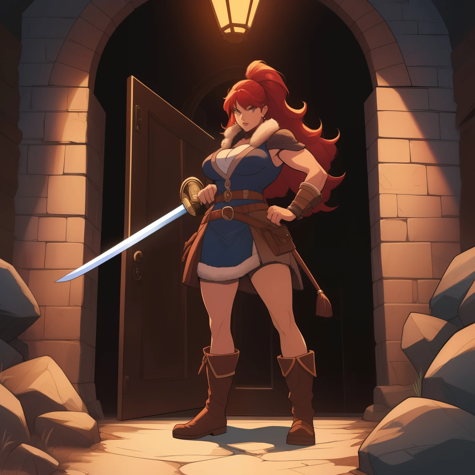 baarbara, barbarian female with red hair and a sword standing in front of a doorway, by Johannes Helgeson, mark schultz, the entrance of valhalla, battle chasers, by Paul Pelletier, inspired by Johannes Helgeson, ( ( ( ( ( dan mumford ) ) ) ) ), comic cover art, old - school dark fantasy art, dungeons, from pathfinder