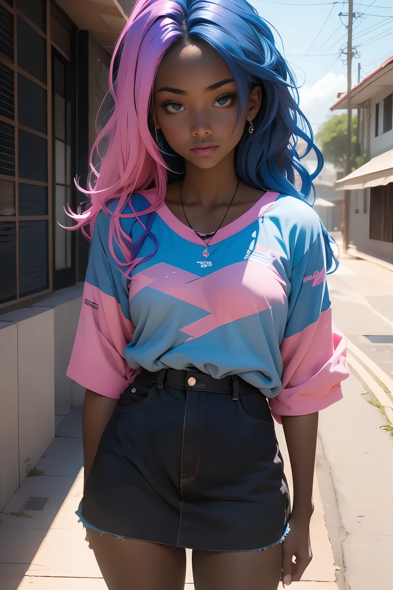 Dark skin tone mi surprise with a 17 year old girl with pink hair with charcoal brown skin, e com casaco azul e rosa com uma saia azul e com meias longas azul com olhos azuis com qualidade anime 2D