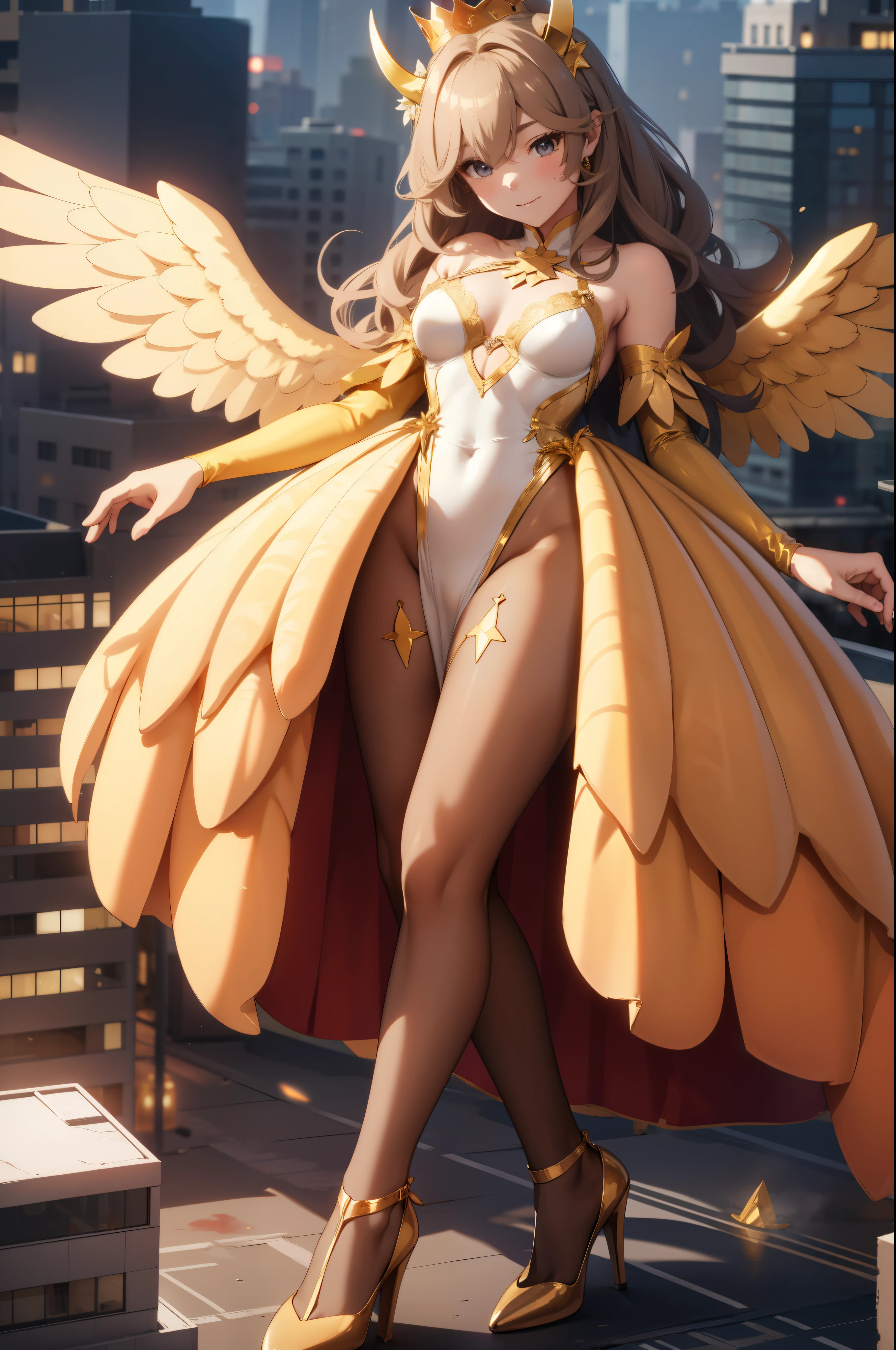 Aerial View,giant girl 50,000 feet high,Weight 1000kg,Has a pair of huge golden angel wings,With huge devil horns on his head,Has waist-length blond hair,loose hair,Blonde hair with big wavy curls,gold crown,Wearing a pair of gold Mary Jane high heels,Gold lace gloves,gold lace hose,Bow and star embellished tights,金色蕾丝whole body,Standing tall above the small town,Beautiful appearance,Exquisite makeup,quality,8k,高quality,Perfect proportion, Cinema lighting,film grain,Fuji colors,8k,textured skin,Super details,high detail,high resolution,fake smile,blood stains,脚底有blood stains,whole body,fat,feather