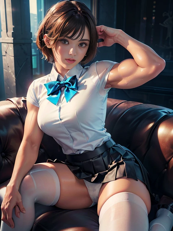 (best quality, 8k, highres, photorealistic:2.0), (solo, one girl:2.0),(lighting: strong),(lighting: front),(very muscular girl:2.0),(bodybuilder girl:1.5),(shiny skin:1.5),(short hair:1.5),(brown hair color:1.5),(Bend your legs and spread them wide:1.5),(raise both arms behind your head:1.5),(black loafers:1.5),((school uniform)),(white collar shirt),(long sleeve shirt),tight shirt,((ribbon bow tie:1.1)),(white socks),((blue pleated skirt)),((Wearing white panties)),((feel amazing ecstasy:1.3)),((Girl leaning on an old leather sofa)), very beautiful girl, 