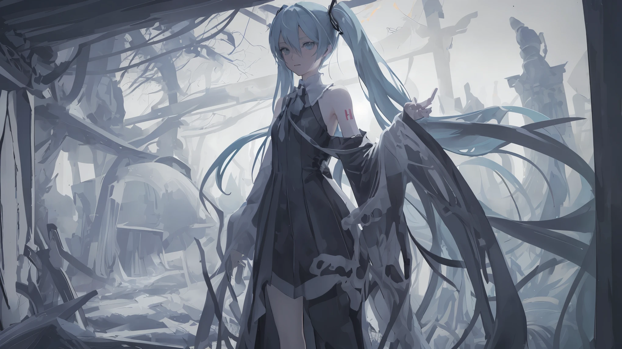 highly detailed, (masterpiece:1.3),(best quality:1.4), (extreme detailed illustration), good anatomy, best quality, hatsune miku, (ghost rule miku), big prison hallway, skeleton bone on side, full-body, (closed mouth:1.2), looking at viewer, dark theme, (foggy:1.5), (no lighting), wide side, panorama, dark, spotlight on her, low saturation, dust, alone in the dark, realistic, horror, Ghost Rule