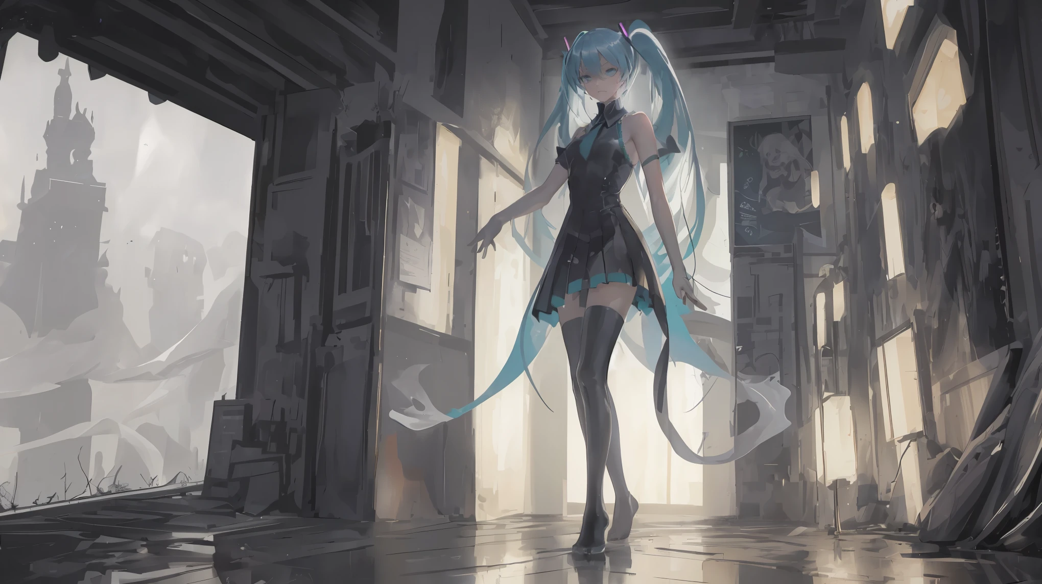 highly detailed, (masterpiece:1.3),(best quality:1.4), (extreme detailed illustration), good anatomy, best quality, hatsune miku, (ghost rule miku), big prison hallway, skeleton bone on side, full-body, (closed mouth:1.2), looking at viewer, dark theme, (foggy:1.5), (no lighting), wide side, panorama, dark, spotlight on her, low saturation, dust, alone in the dark, realistic, horror